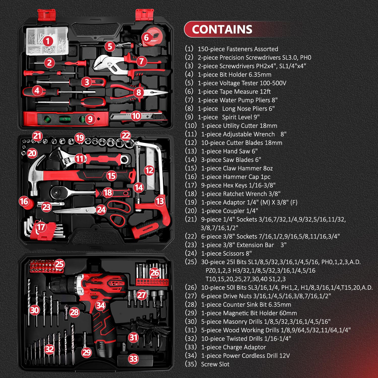 276-Piece Tool Set Kit with 12V Cordless Power Drill