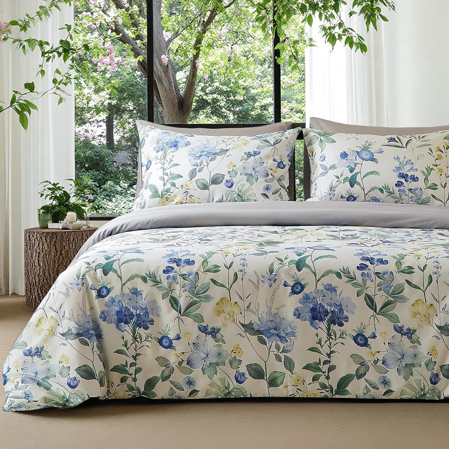 Duvet Cover Set King Size Bird Flower Pattern Soft Long Staple Cotton Floral Bedding Comforter Cover Set with Zipper Ties for Women and Men, Ultra Soft, Breathable, Easy Care-King Size