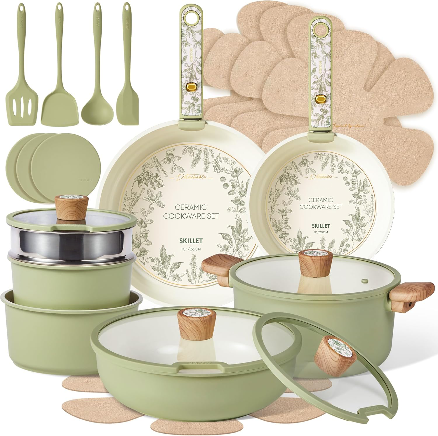 25-Piece Ceramic Cookware Set, Nonstick Pots and Pans Set with Detachable Handle, Non-Toxic Kitchen Cooking Set, Dishwasher & Oven Safe, Induction Compatible, PFAS Free