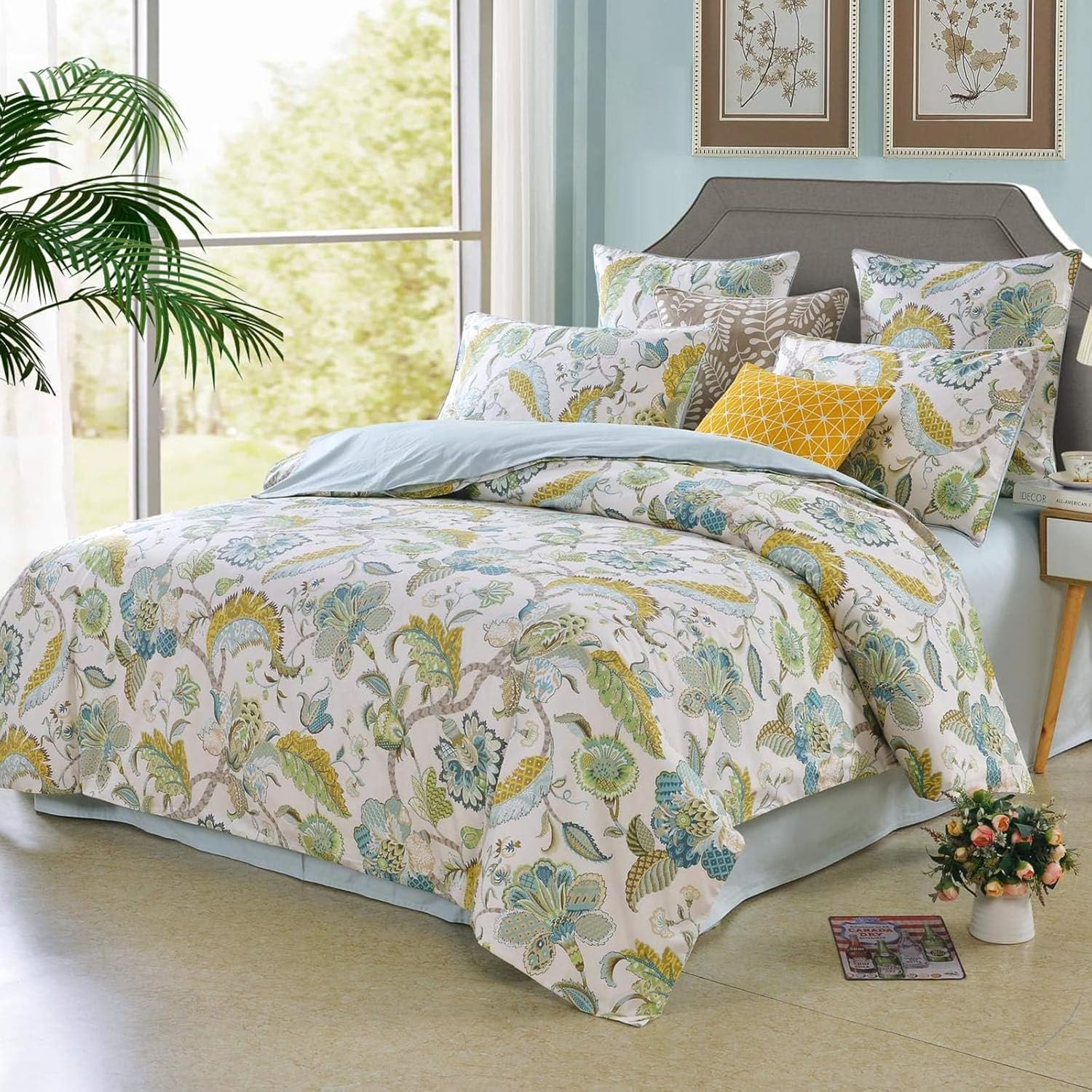 Duvet Cover Set King Size Bird Flower Pattern Soft Long Staple Cotton Floral Bedding Comforter Cover Set with Zipper Ties for Women and Men, Ultra Soft, Breathable, Easy Care-King Size