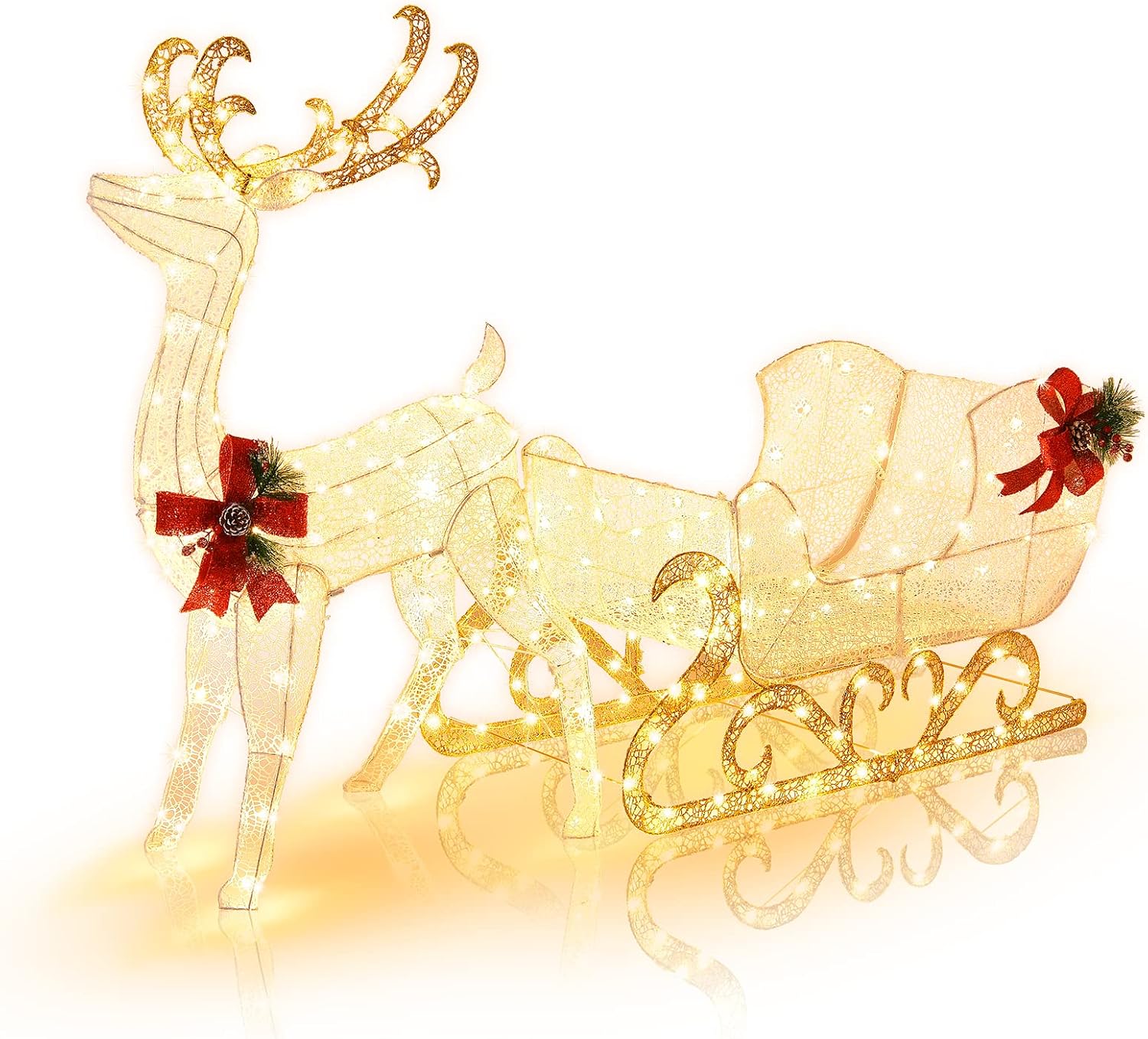 3-Piece Christmas Lighted Reindeer & Sleigh Set, Gold