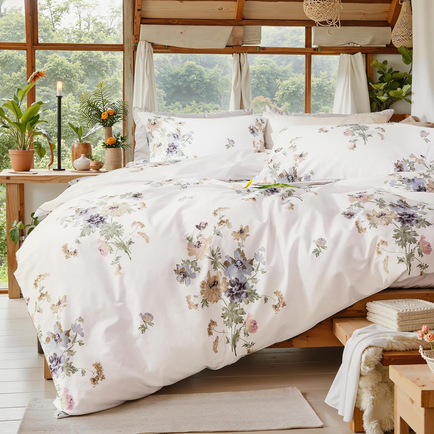 100% Cotton Duvet Cover Queen Size, Black and White Leaf Pattern Bedding Set with Zipper Closure, 3 Pcs Breathable and Soft Floral Duvet Cover for All Season