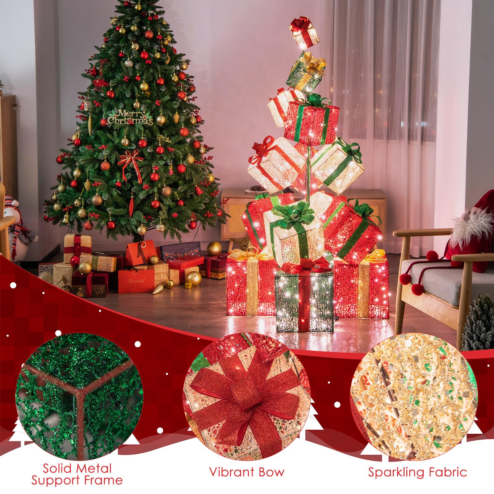 5.6 FT Christmas Lighted Gift Box Tower, 15 PCS Stacked Boxes Tree