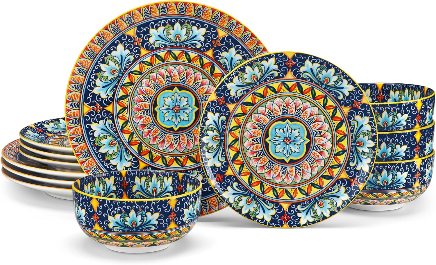 24 Pieces Dinnerware Sets, Plates and Bowls Set, Porcelain Dishes Set for 6, Microwave and Dishwasher Safe, Scratch Resistant, Bohemian Style Dining Ware Service for 6, Series SIMI