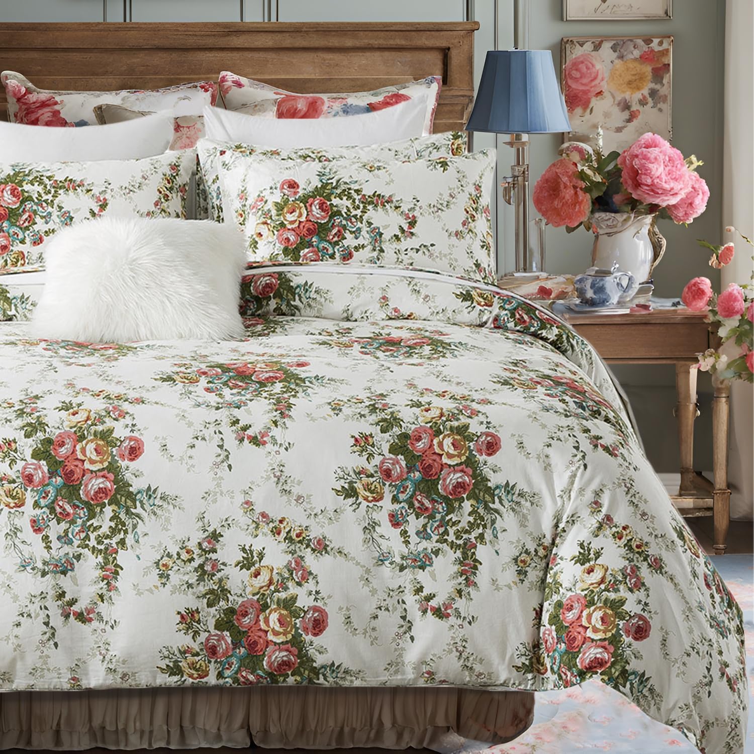 FADFAY Shabby Duvet Cover Sheet Set 7-Pieces Daisy and Lavender Floral Printed 100% Cotton Bedding,(1 Duvet Cover,1 Fitted Sheet,1 Flat Sheet,2 Standard+2 King Pillowcases) Queen Size