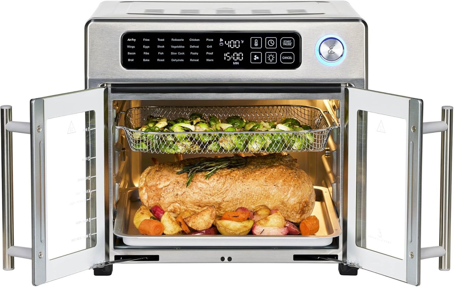 26QT French Door Multi-Function Air Fryer Toaster Oven | 26QT air fryer oven with French doors, 24 cooking functions, dual-speed fan and rotisserie for easy family meals.