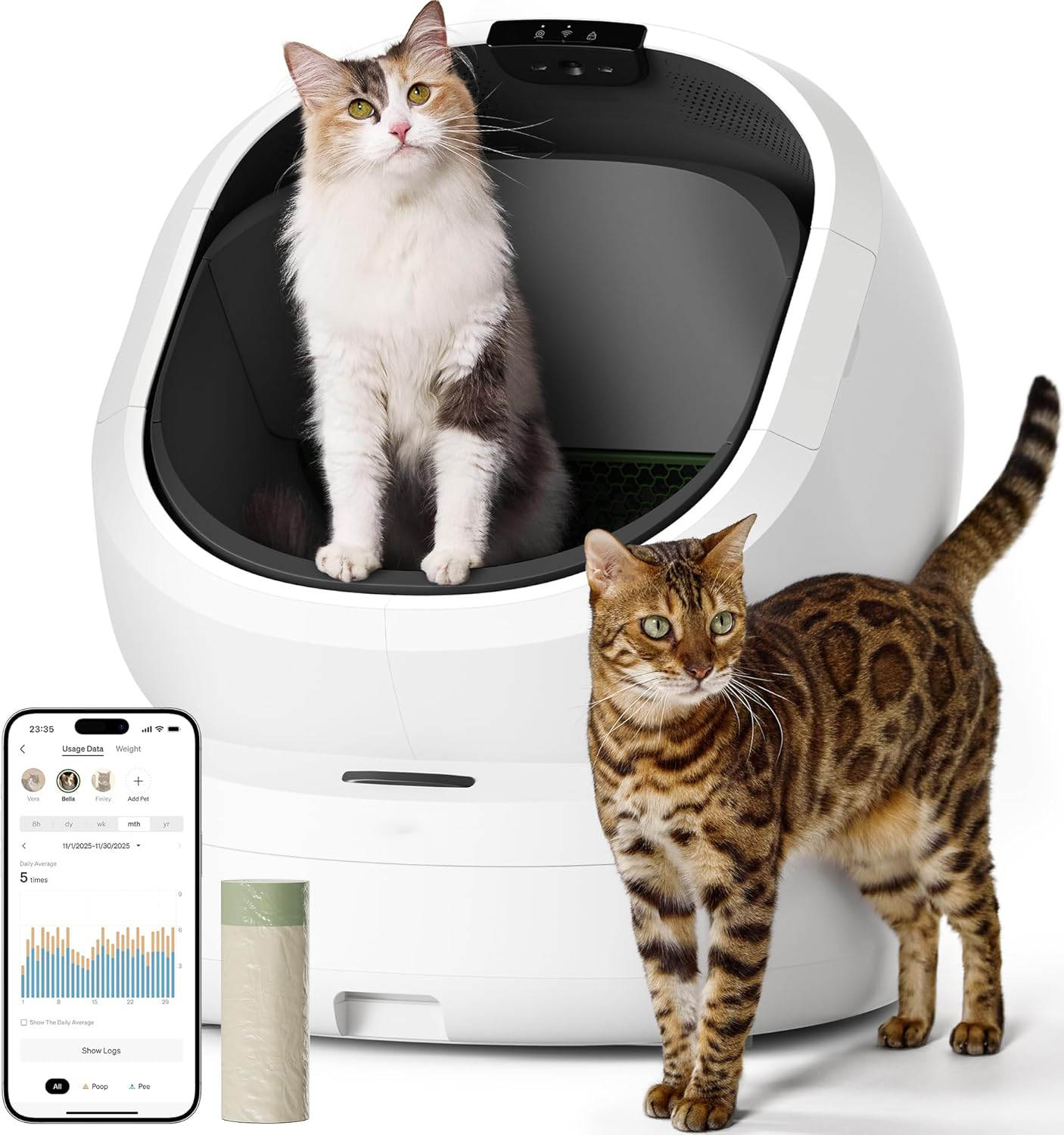 Automatic Cat Litter Box AI-Camera Waste Analysis, Auto Odor-Control Self Cleaning Cat Litter Box with Multi-Cats Recognition, Smart App Usage Tracking, Safety Sensors and Large Open Top