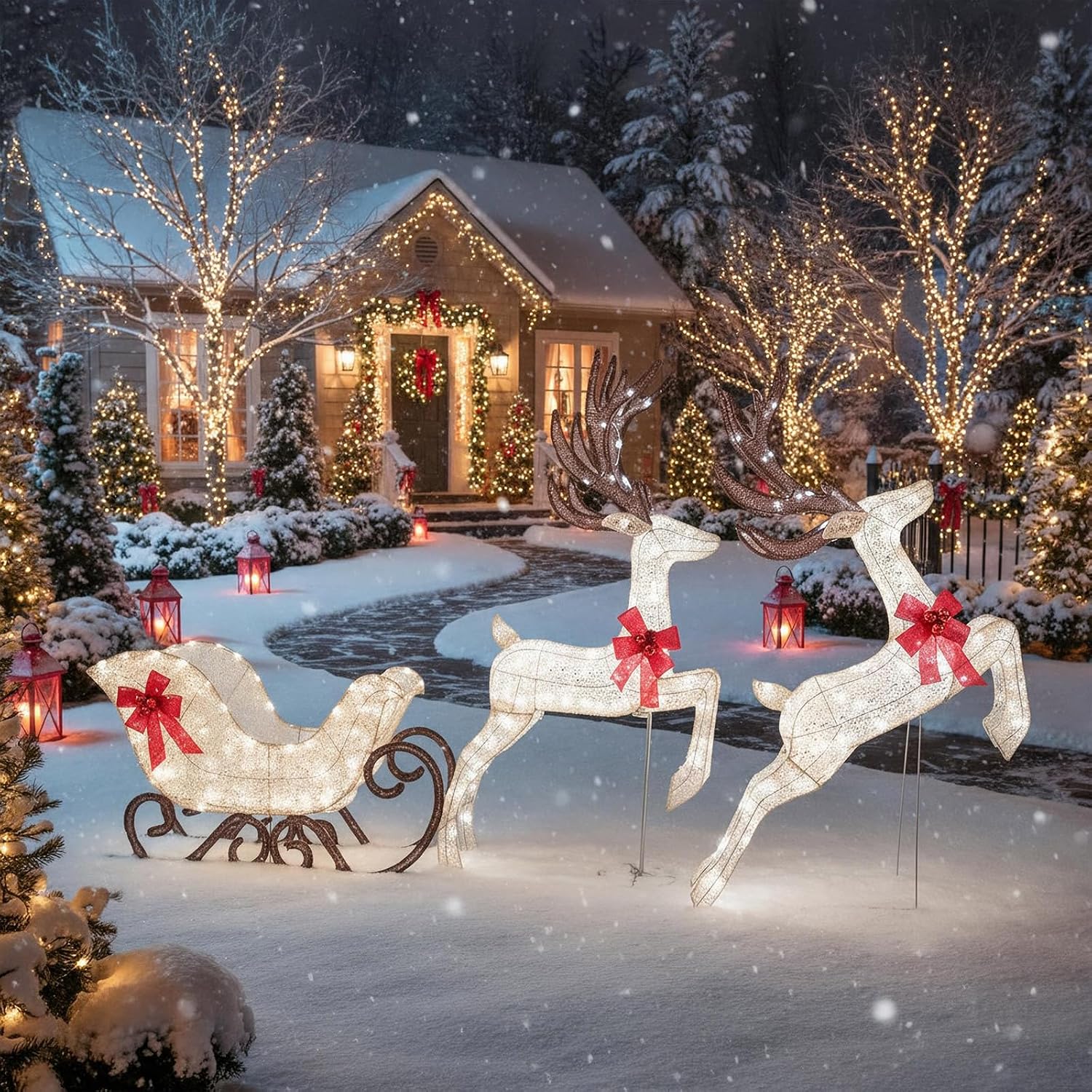 3-Piece Christmas Lighted Reindeer & Sleigh Set, Gold