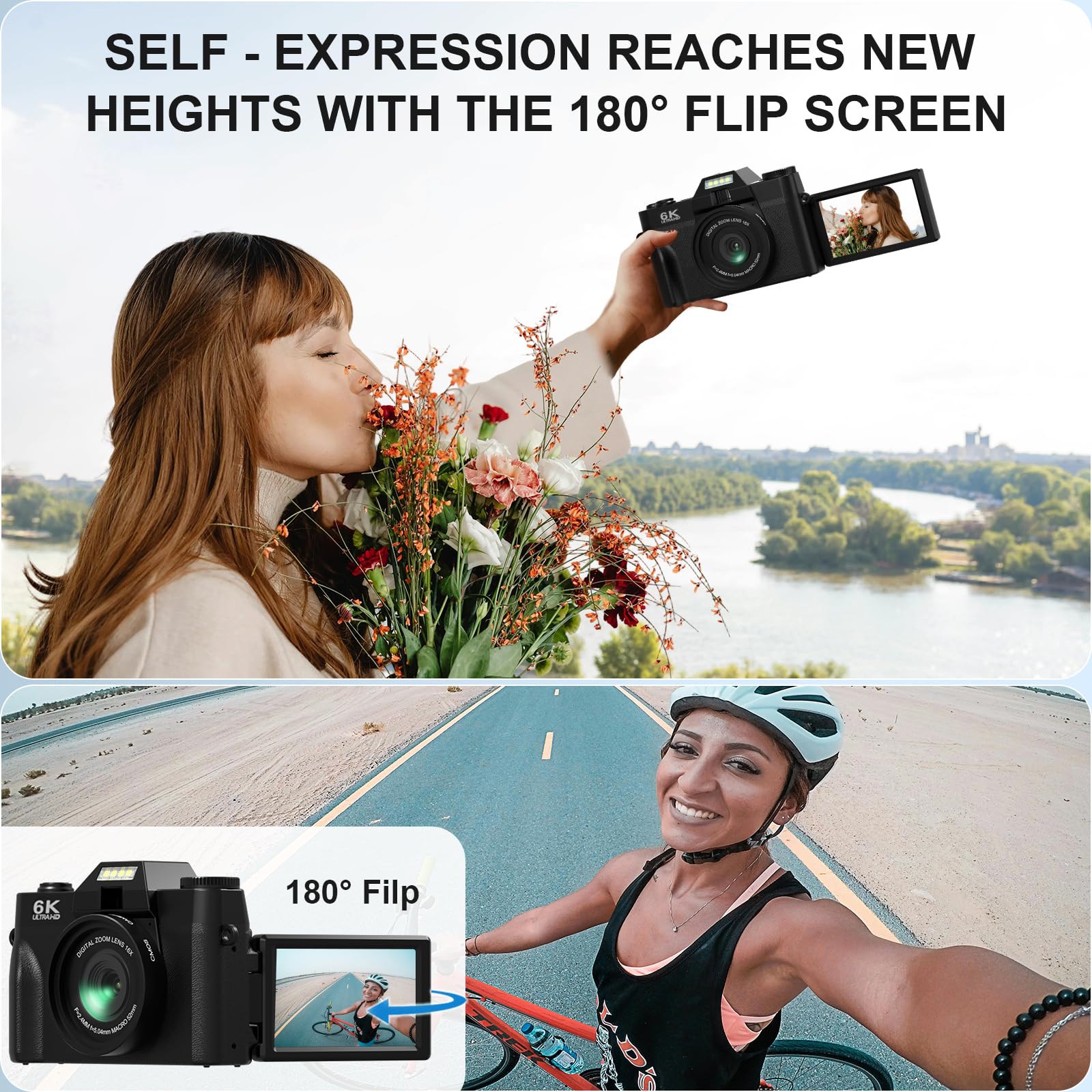 Digital Cameras for Photography and Vlogging, 6K 64MP Flip Screen, Dual Lens, Microphone for Video, 64GB TF Card, Compact Photo WiFi Camera for YouTube Kit Travel, Beginners (Black)
