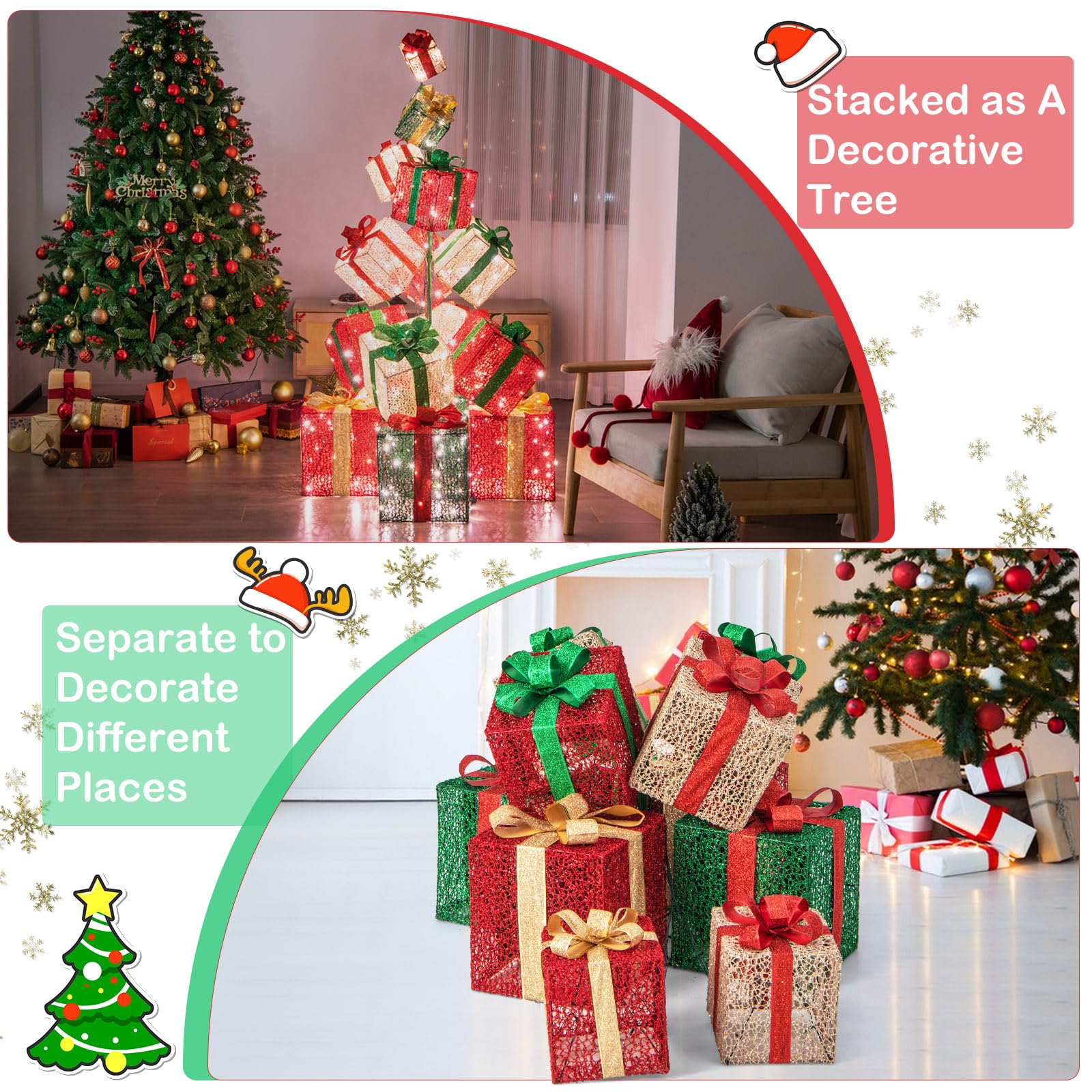 5.6 FT Christmas Lighted Gift Box Tower, 15 PCS Stacked Boxes Tree