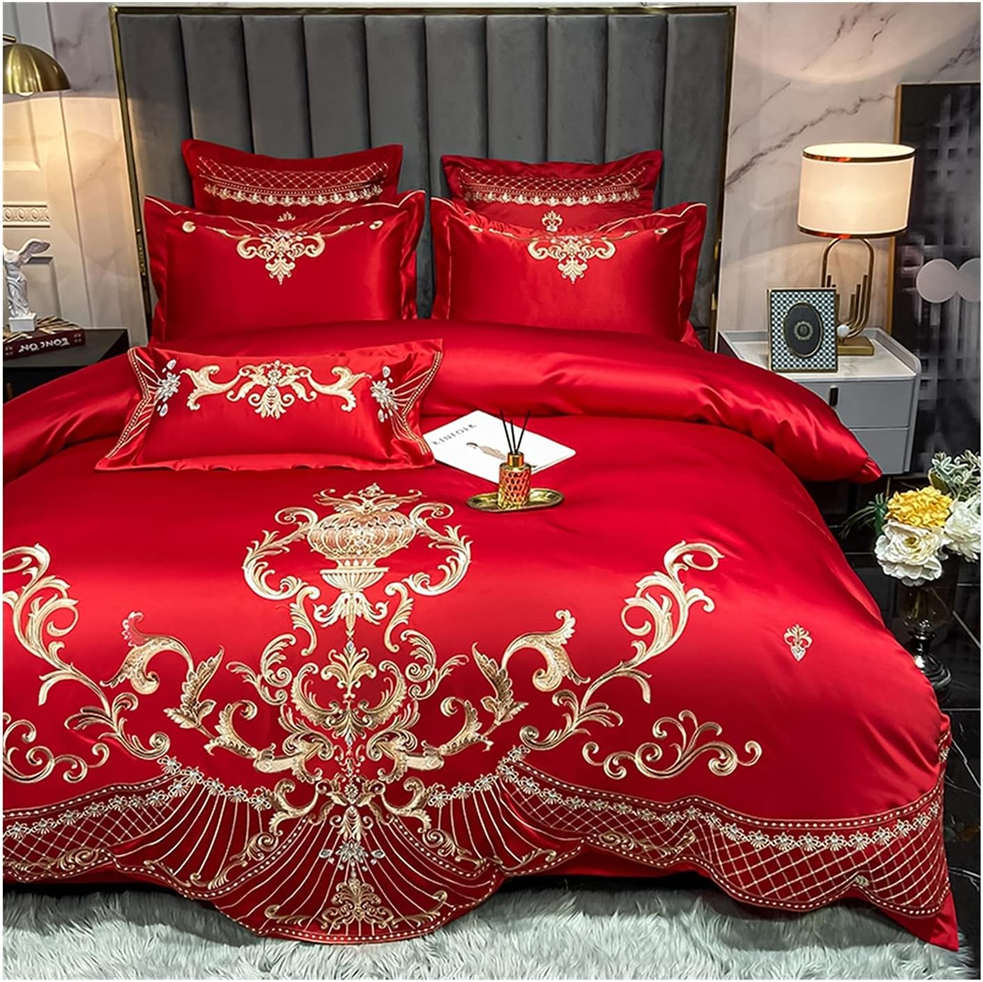 Luxurious European Style 100% Cotton 4Pcs Bedding Set, Queen King Duvet Cover with Fitted Sheet and Pillowcases