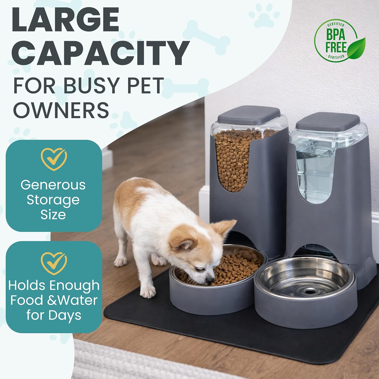 Automatic Cat Feeder 2.8L/4L Water Dispenser Set w/Tray Mat, Gravity Pet Feeder, Large Capacity Non-Spill Cat Water & Food Stainless Steel Bowls, Water Dispenser for Feeding Cats & Dog