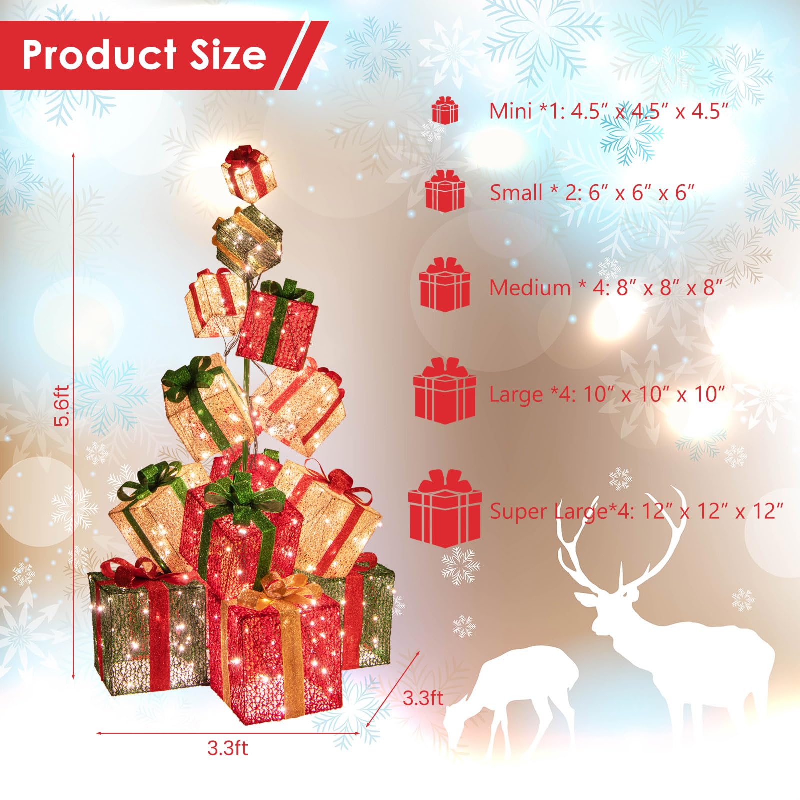 5.6 FT Christmas Lighted Gift Box Tower, 15 PCS Stacked Boxes Tree