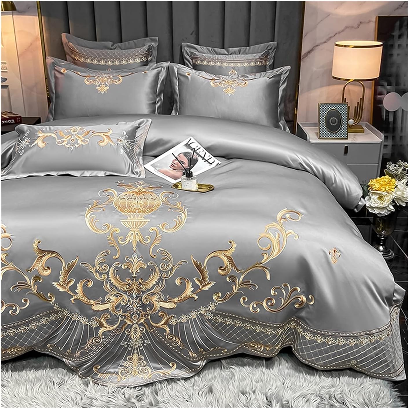 Luxurious European Style 100% Cotton 4Pcs Bedding Set, Queen King Duvet Cover with Fitted Sheet and Pillowcases