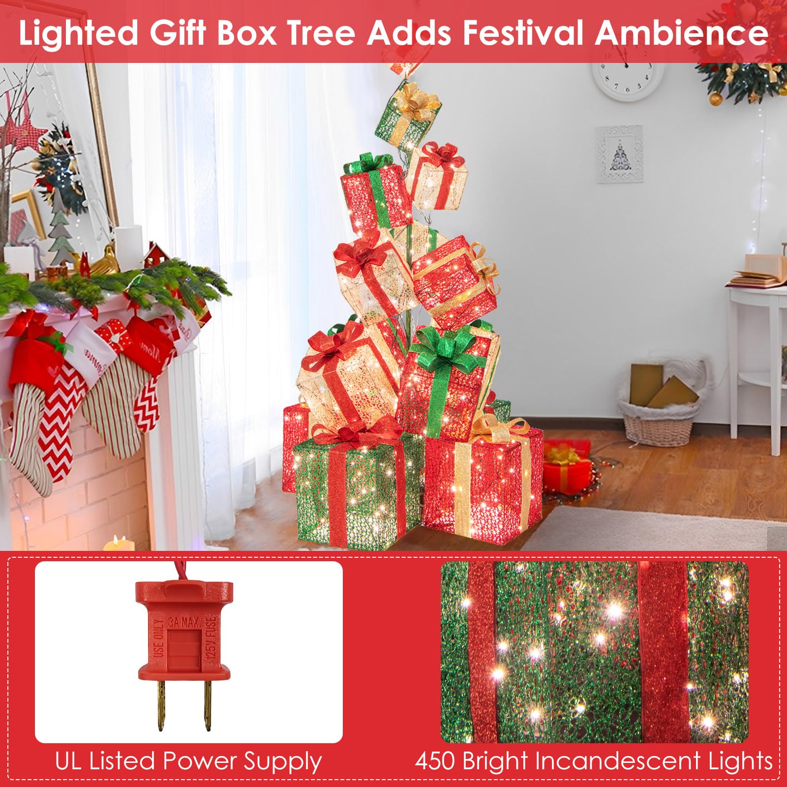 5.6 FT Christmas Lighted Gift Box Tower, 15 PCS Stacked Boxes Tree