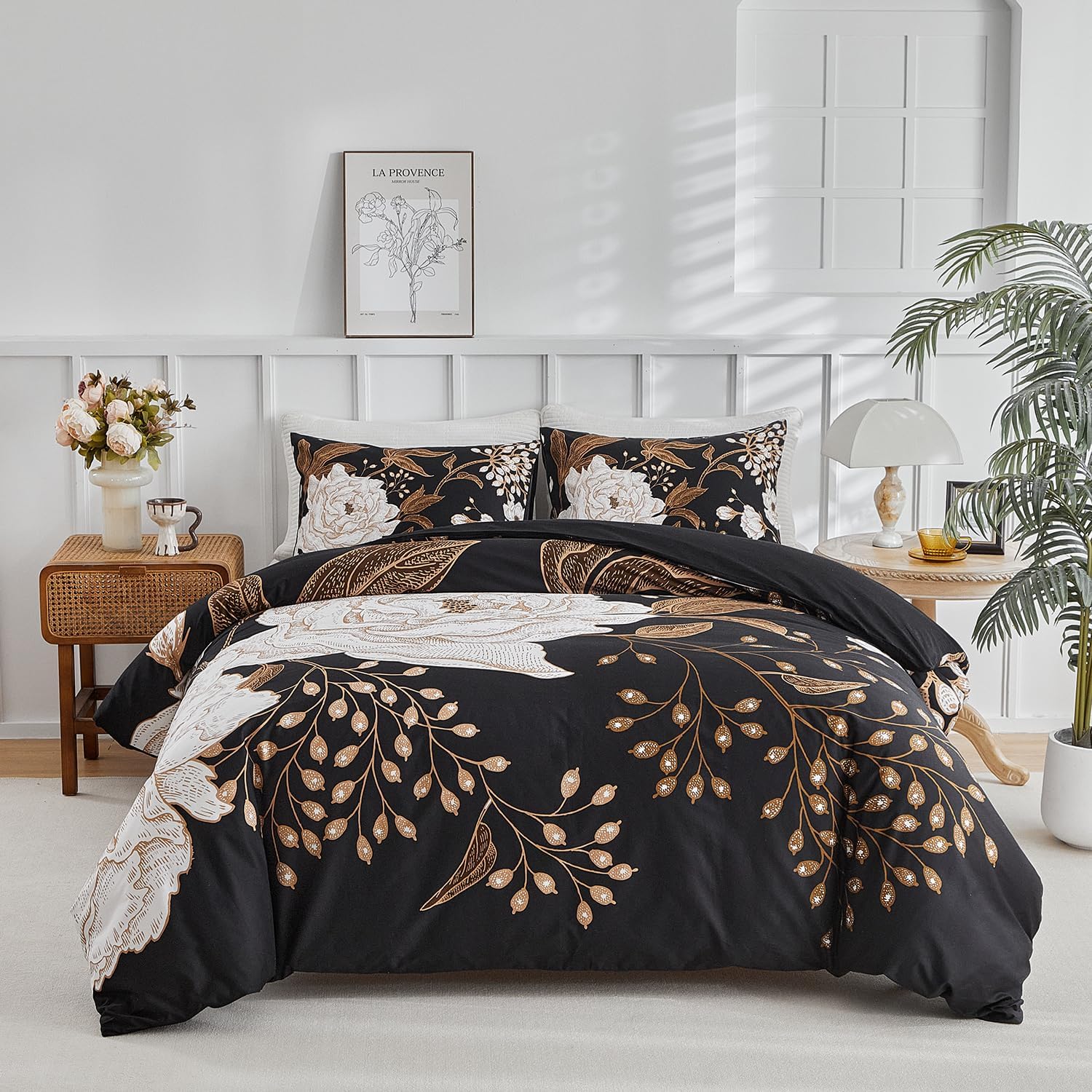 Duvet Cover Set King Size Bird Flower Pattern Soft Long Staple Cotton Floral Bedding Comforter Cover Set with Zipper Ties for Women and Men, Ultra Soft, Breathable, Easy Care-King Size