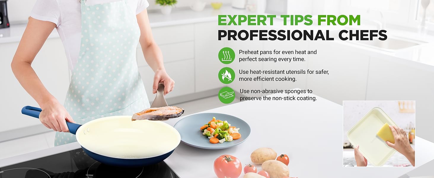 nonstick pan spatula heat-resistant utensil preheat even searing cooking surface cleaning easy