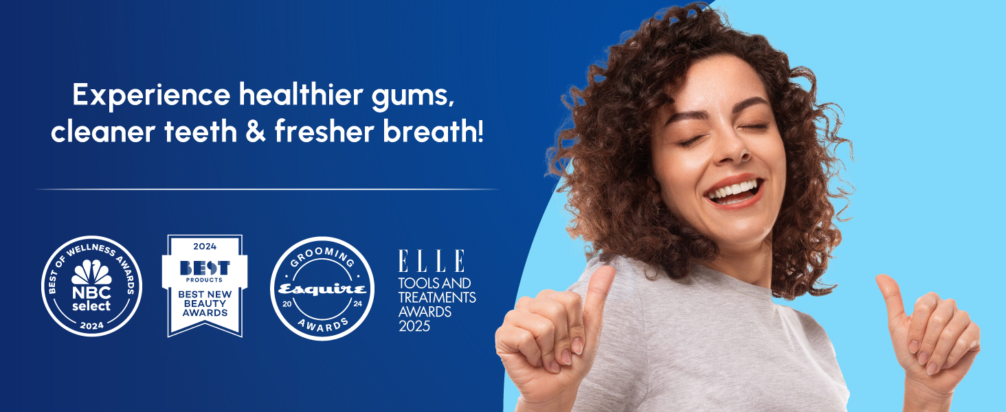 Woman smiling with text that reads experience healthier gums, cleaner teeth &amp;amp; fresher breath