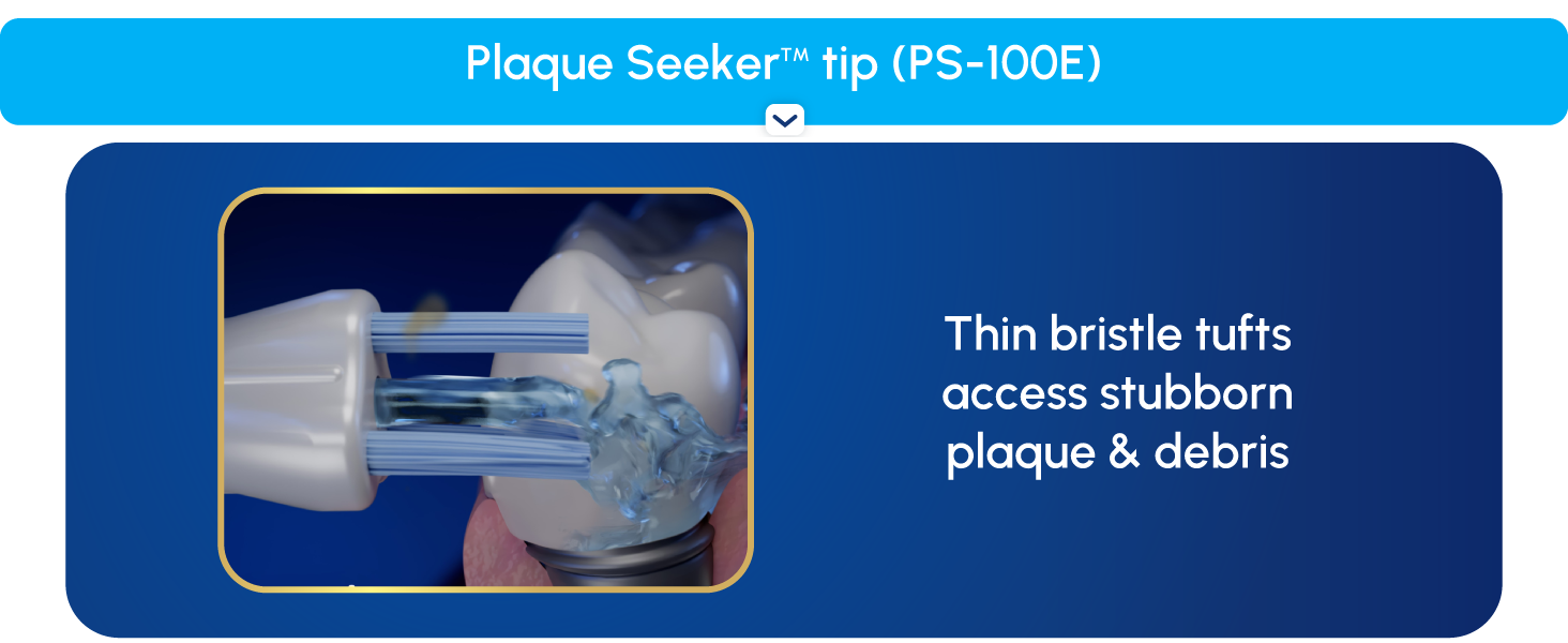 Image of Plaque Seeker floss tip with text reading thin bristle tufts access stubborn plaque.