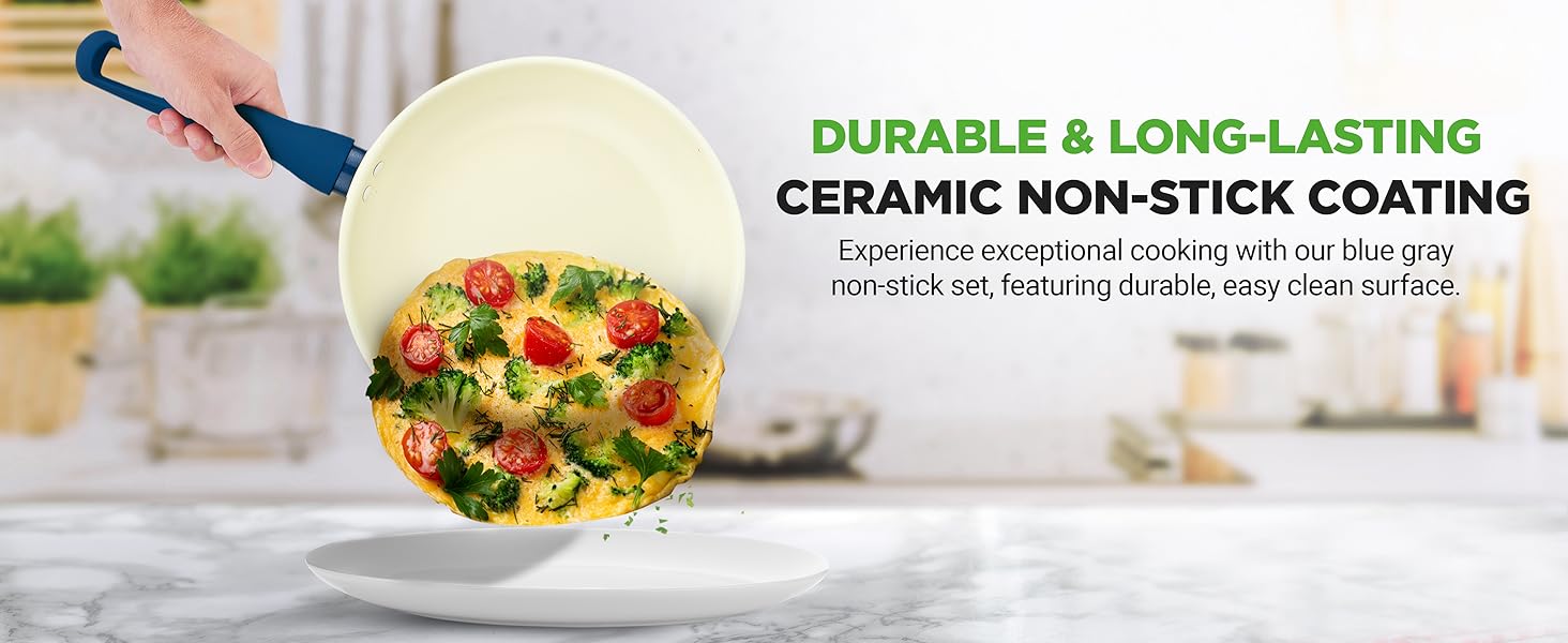 durable surface nonstick coating easy clean frying omelette pan tomatoes herbs cooking hand kitchen