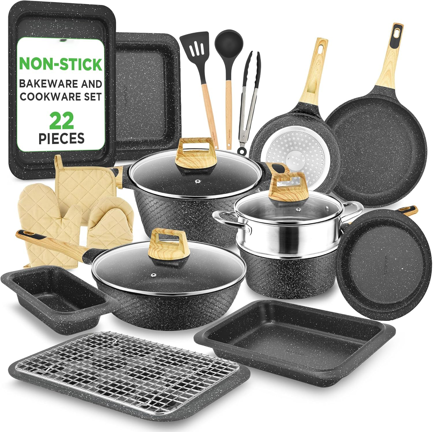 54-Piece Professional Ceramic Nonstick Cookware Set – Pots, Pans & Bakeware Kit, Induction Compatible, Cool-Touch Handles