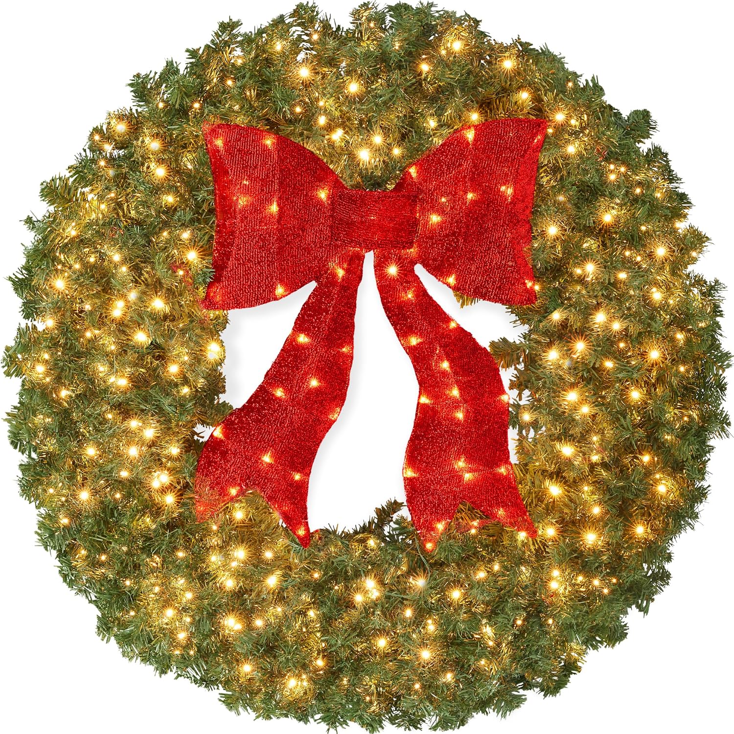 48in Large Artificial Pre-Lit Fir Christmas Wreath Holiday Accent Decoration for Door, Mantel w/Red Lighted Bow, 250 LED Lights, 714 PVC Tips, Power Plug-in