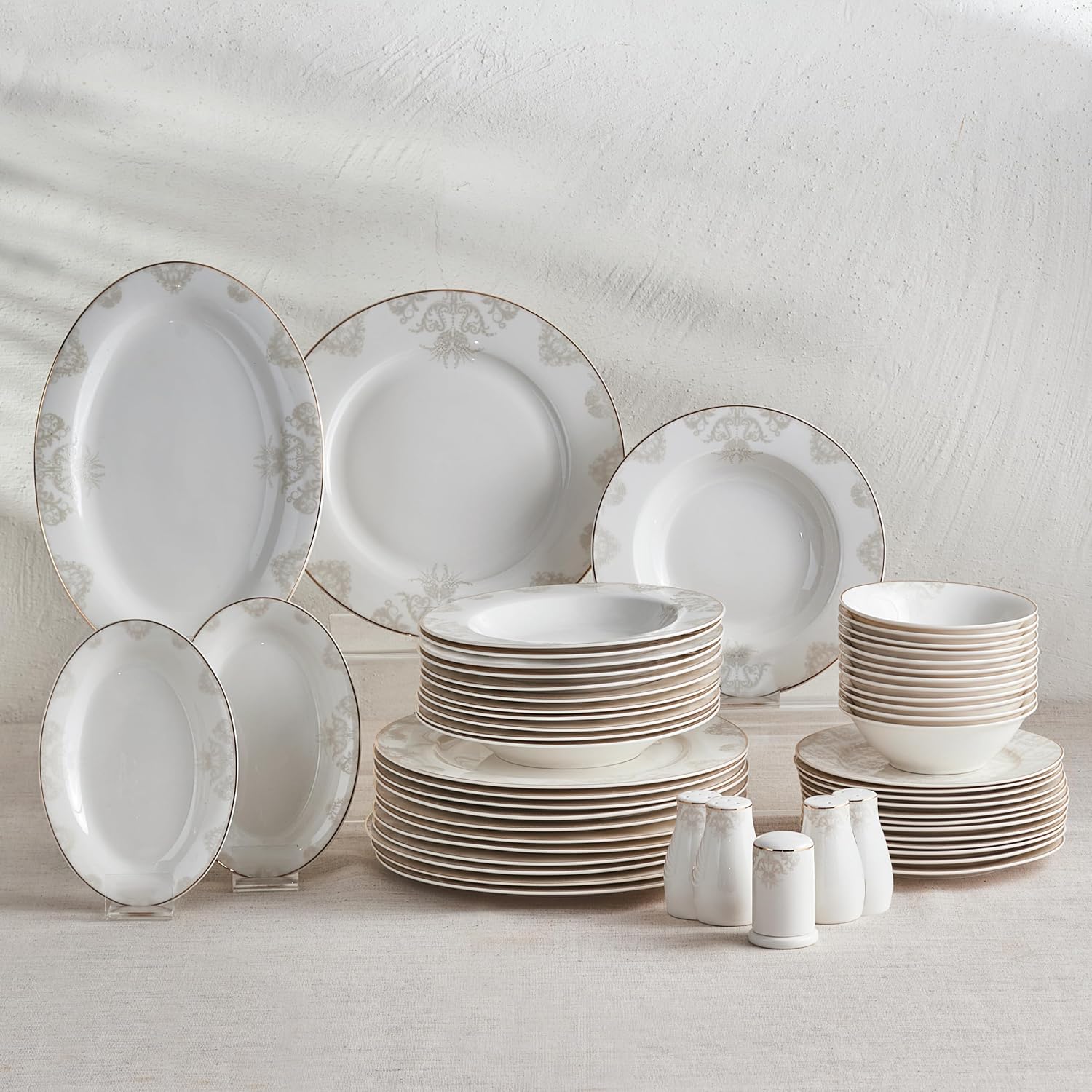 Karaca Siena Dinner Set for 12 People, 53 Pieces, Porcelain Dinnerware Set with Plate, Bowls, Rectangular Serving Trays, Salt and Pepper, White
