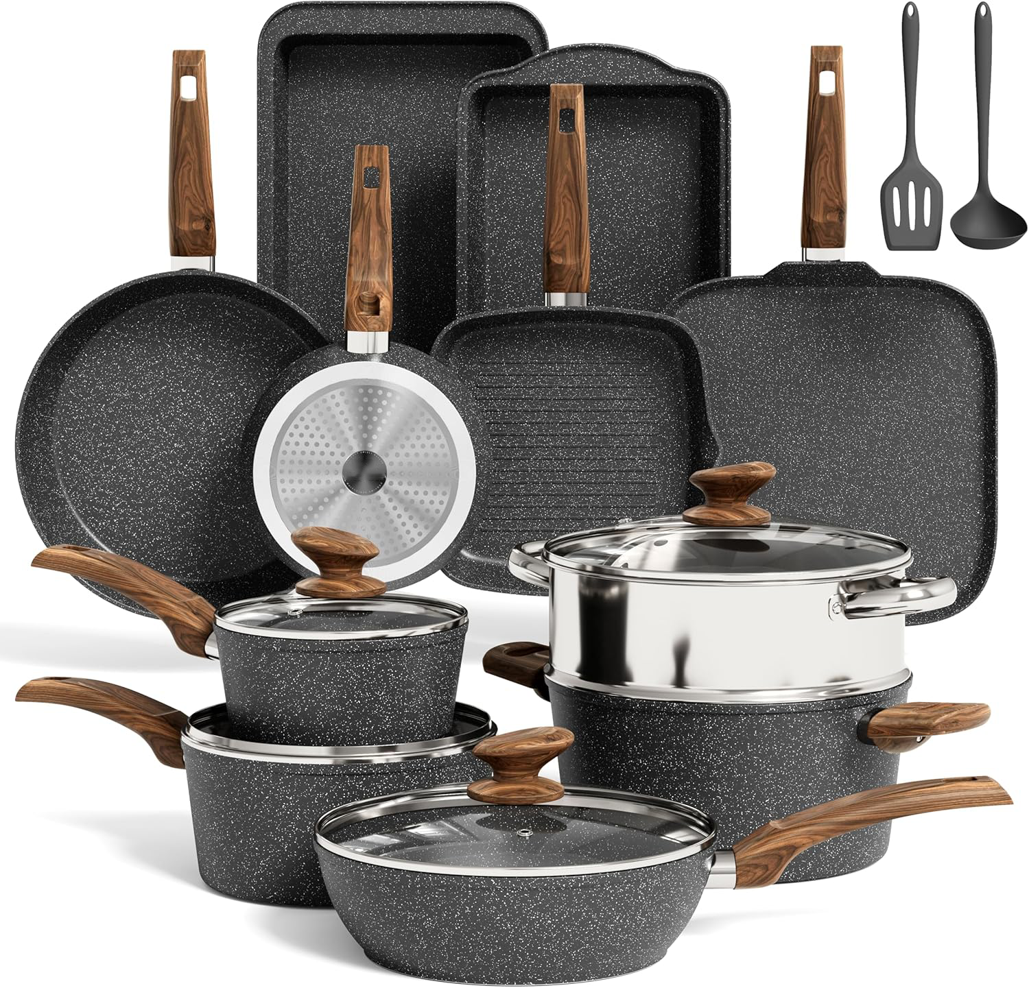17-Piece Nonstick Granite Cookware Set – Pots & Pans, Induction Compatible Kitchen Set