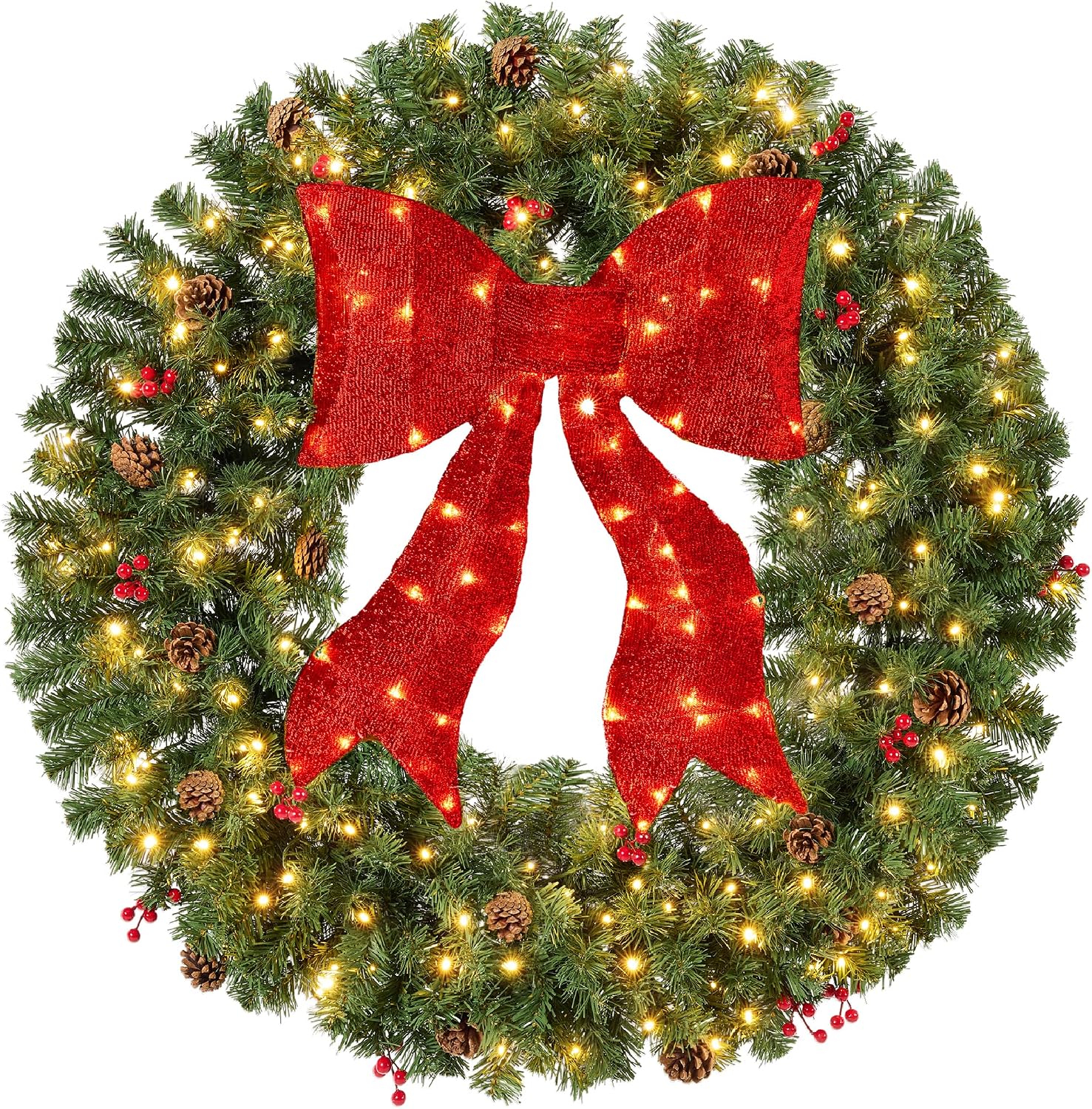 48in Large Artificial Pre-Lit Fir Christmas Wreath Holiday Accent Decoration for Door, Mantel w/Red Lighted Bow, 250 LED Lights, 714 PVC Tips, Power Plug-in