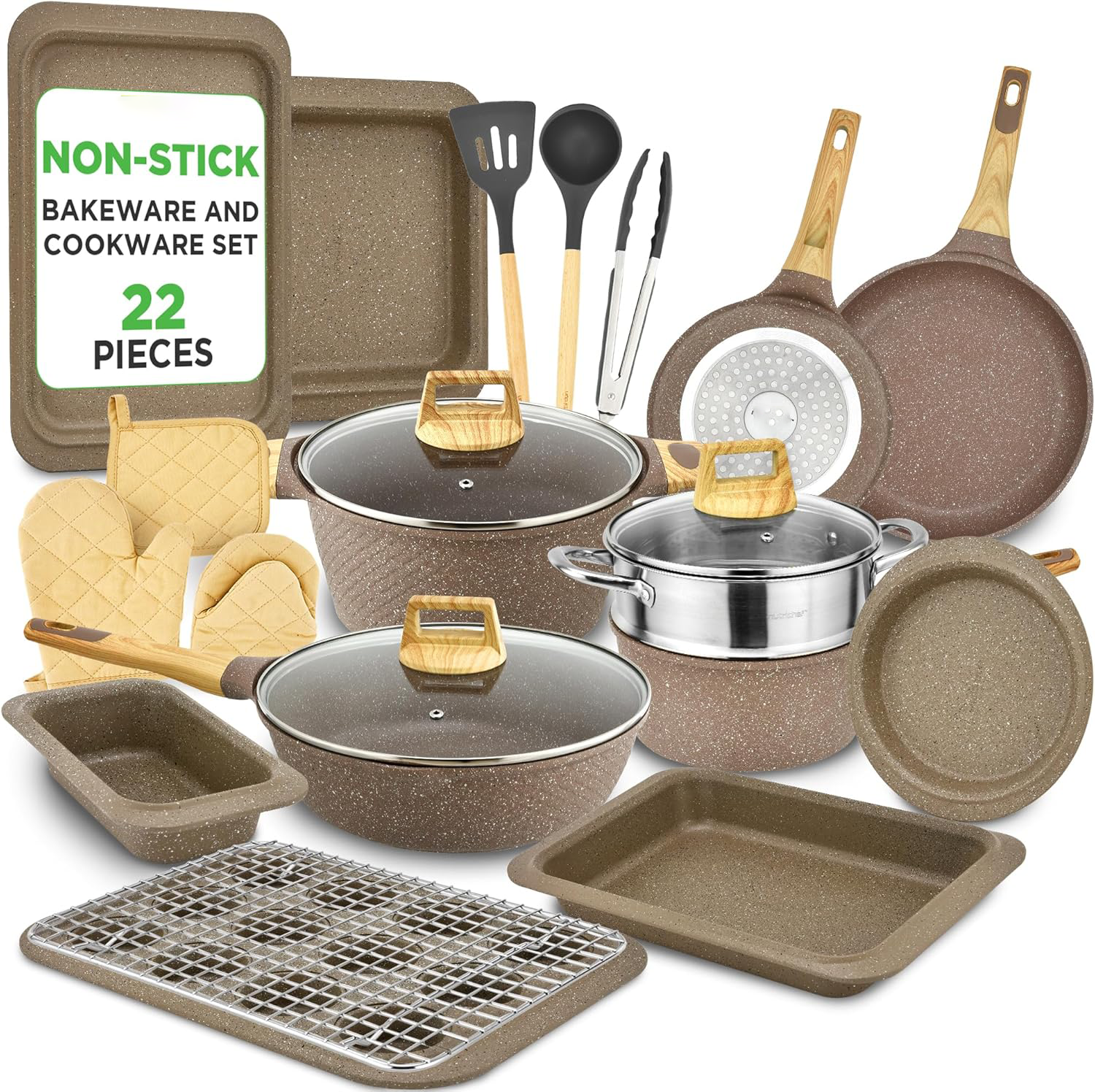 54-Piece Professional Ceramic Nonstick Cookware Set – Pots, Pans & Bakeware Kit, Induction Compatible, Cool-Touch Handles