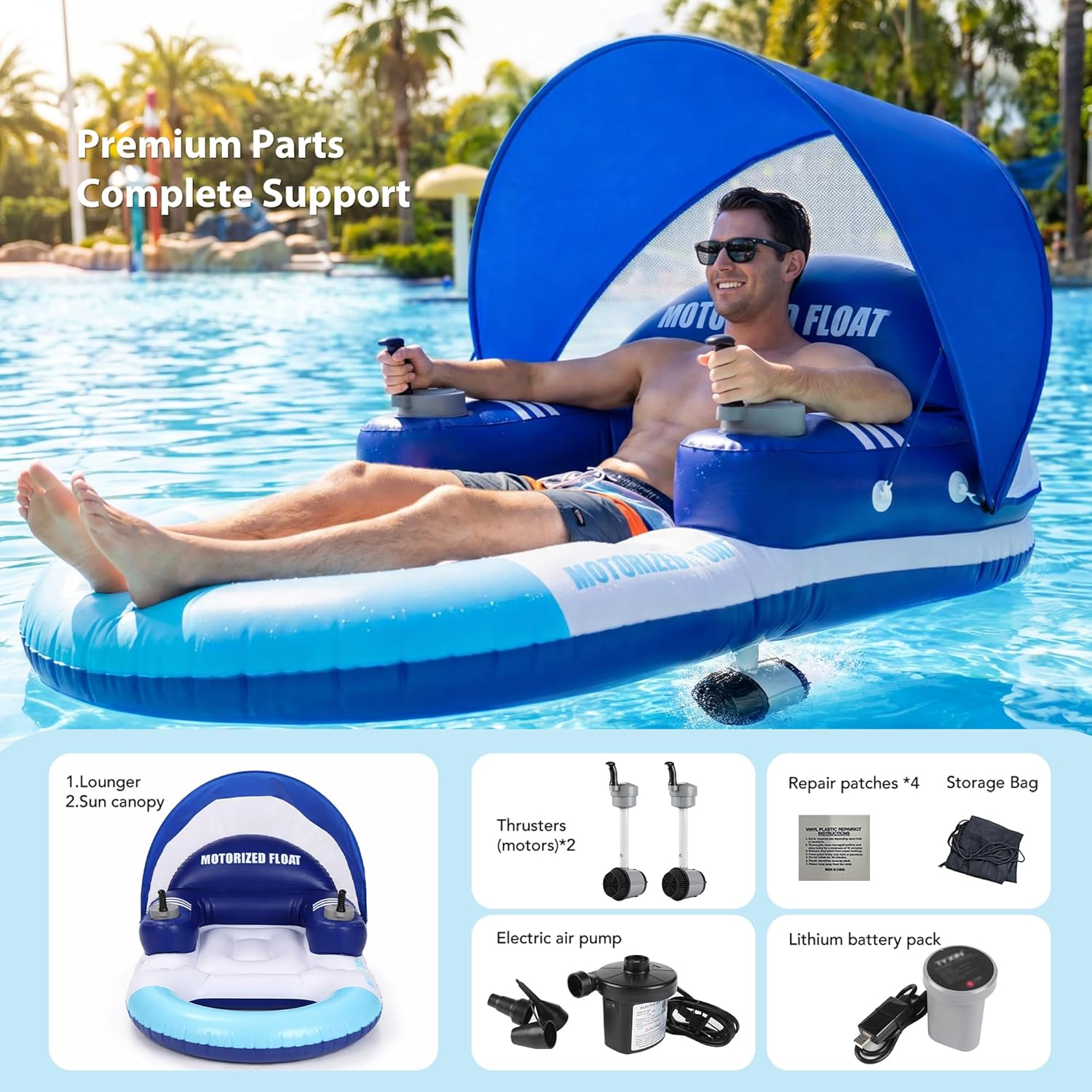 Motorized Pool Float with Canopy, Rechargeable Dual Motor Electric Lounge Raft for Pool & Lake