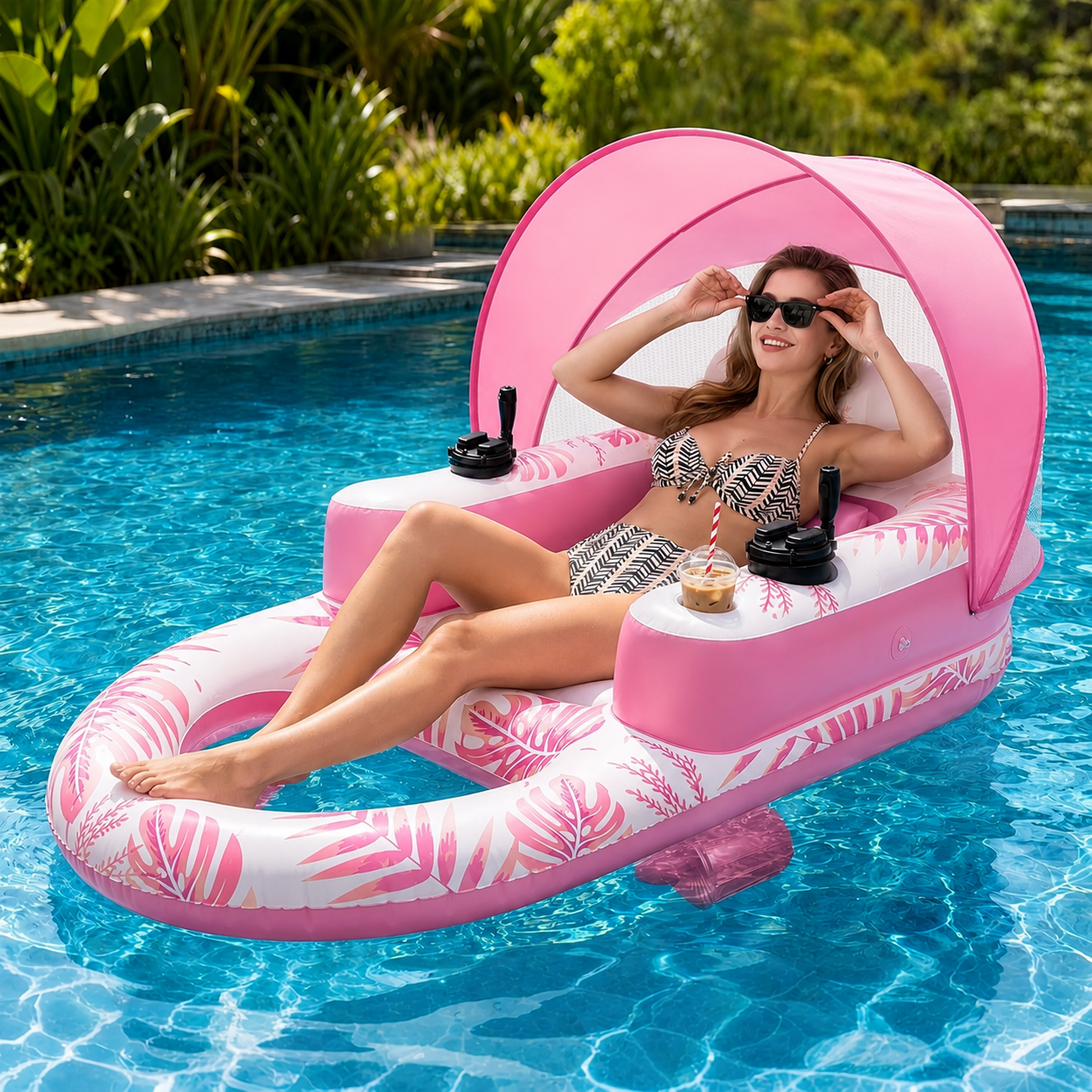 Rechargeable Motorized Pool Float with 360° Steering & Built-in Cup Holder.