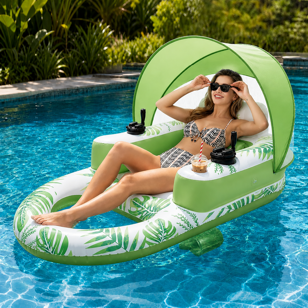 Rechargeable Motorized Pool Float with 360° Steering & Built-in Cup Holder.