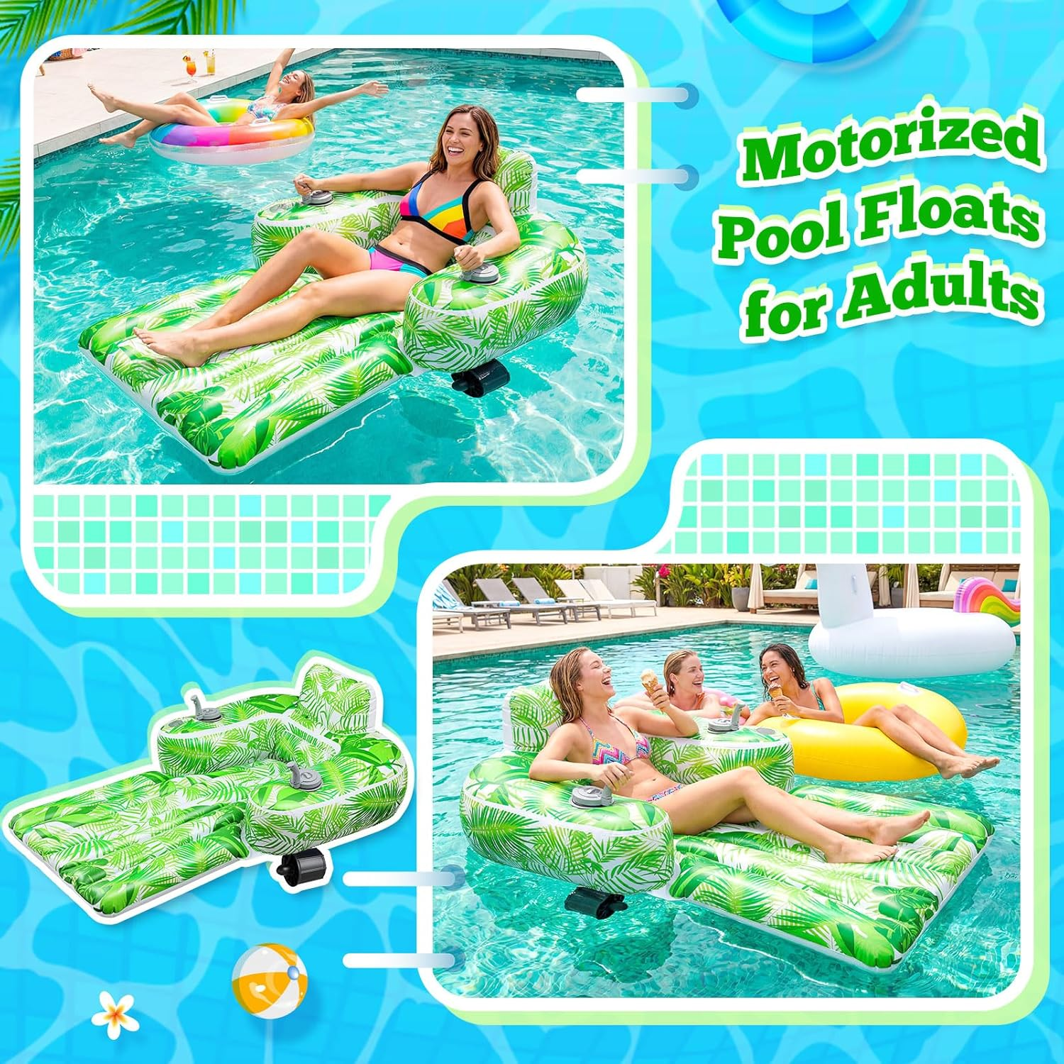 Motorized Pool Float for Adults, Inflatable Pool Lounger with Built in Dual Motor, Cup Holders, Backrest, Foot Pump for Lake, Beach, Summer Party