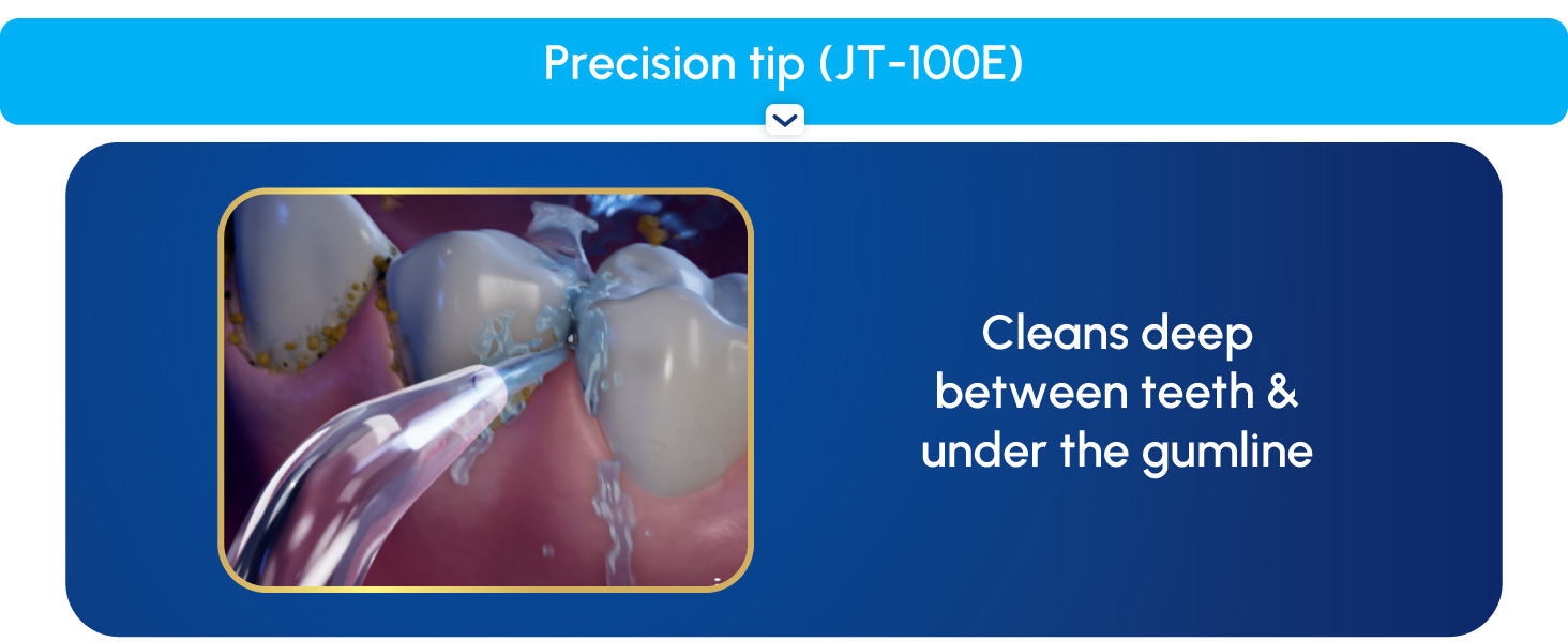 Image of Precision flossing tip with text reading cleans deep between teeth and under gumline.