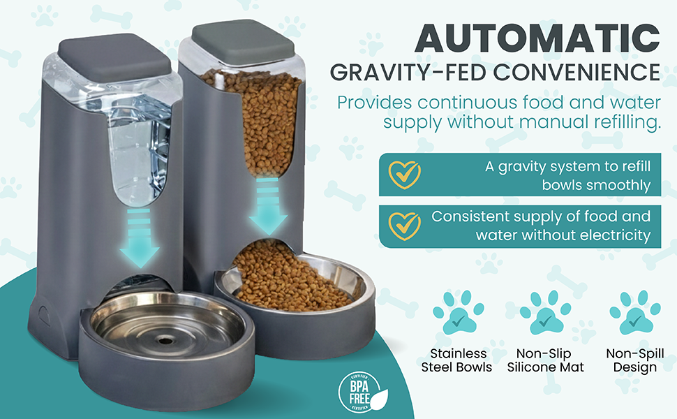 Automatic Gravity, Non-Spill Design Pets Water and Food Dispenser