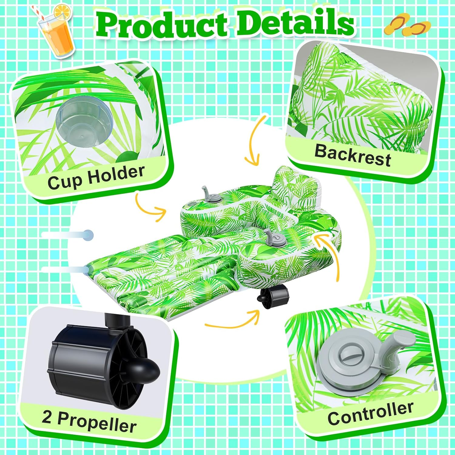 Motorized Pool Float for Adults, Inflatable Pool Lounger with Built in Dual Motor, Cup Holders, Backrest, Foot Pump for Lake, Beach, Summer Party