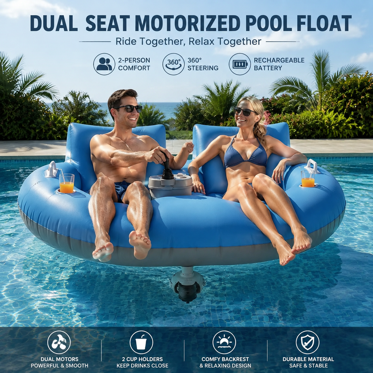 Luxury Motorized Pool Float Lounger with SPF 50+ Canopy – 360° Joystick Steering, Rechargeable Luxury Water Inflatable for Adults (Pool & Lake)