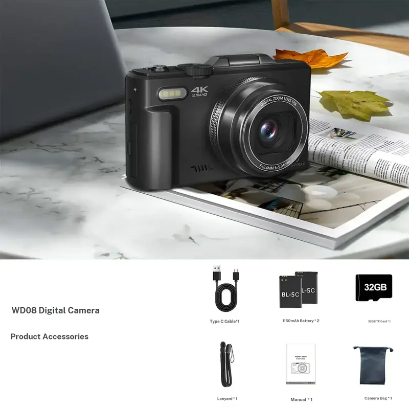 4K Digital Camera for Photography & Content Creators - 64MP, 3-Inch 180° Flip Screen, 18X Digital Zoom, 32GB Micro SD Card, 2 Batteries, Speaker, Lanyard, Cool Gifts for Guys