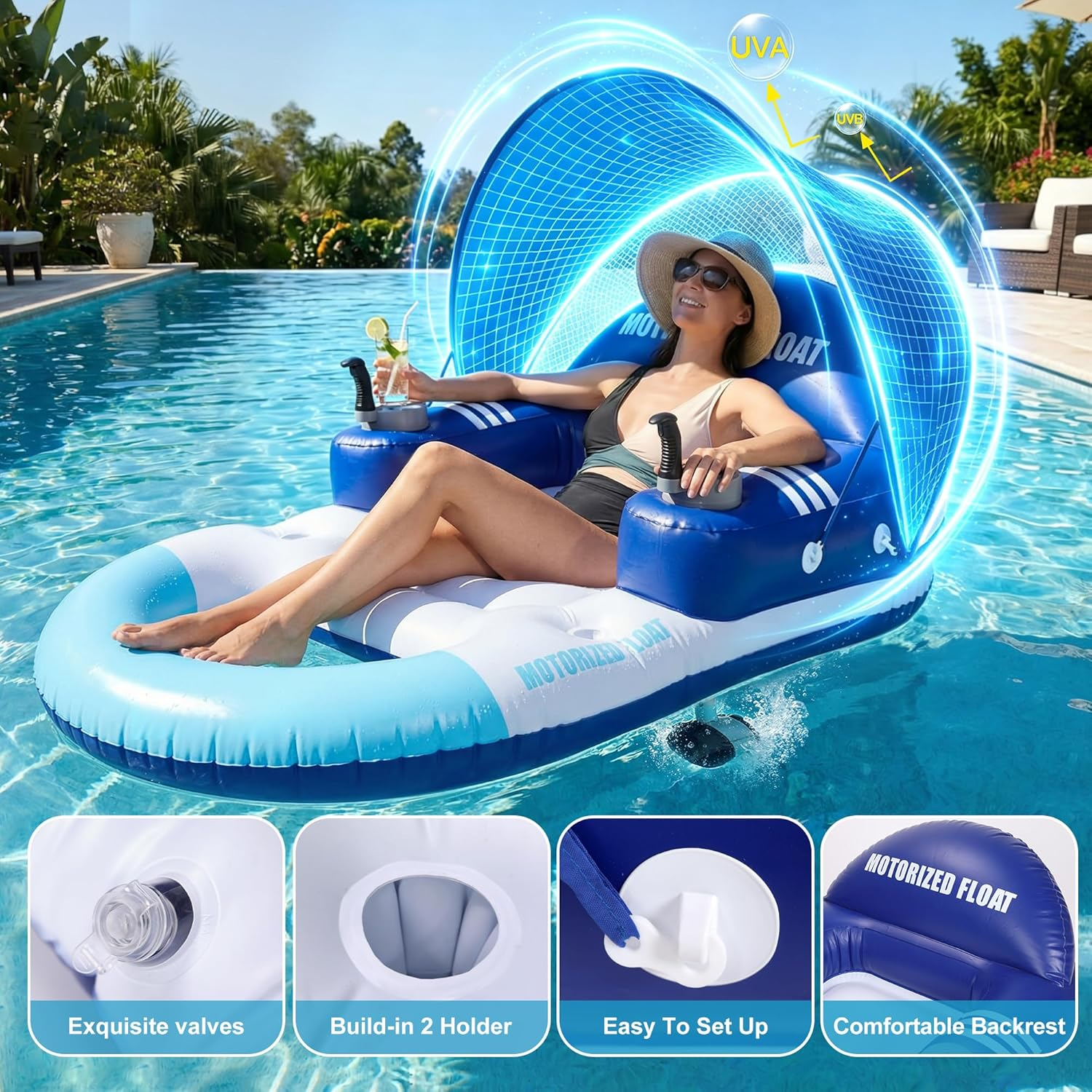 Luxury Motorized Pool Float Lounger with SPF 50+ Canopy – 360° Joystick Steering, Rechargeable Luxury Water Inflatable for Adults (Pool & Lake)