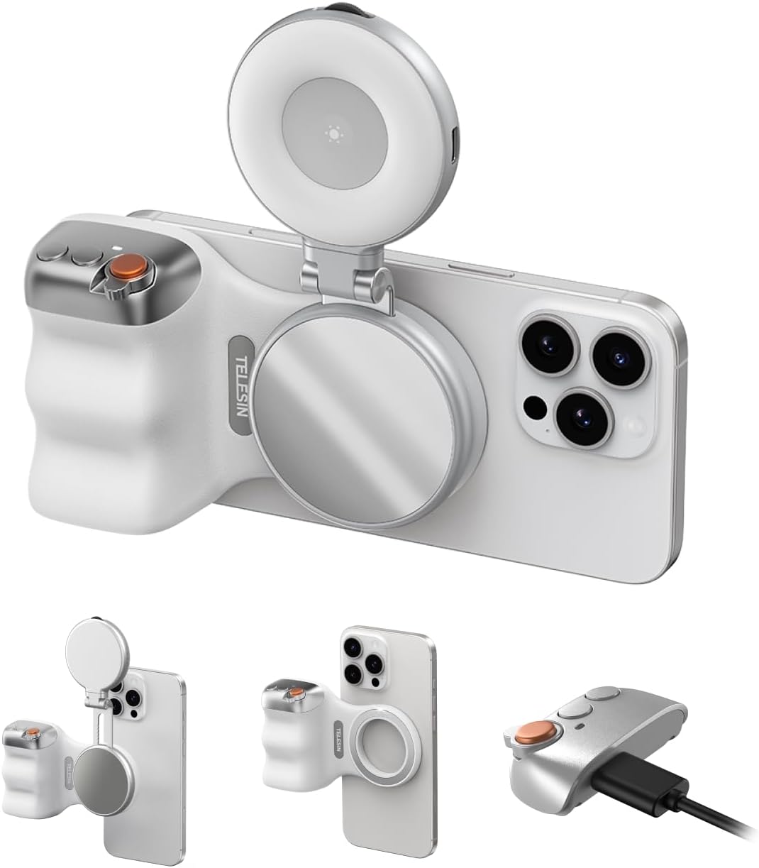 Fun Shot Magnetic Phone Camera Grip + C03 Magnetic Selfie Light (Silver) Bundle Kit Compatible with iPhone Magsafe & Android, Creator Kit for Selfies/Photography/TikTok/Zoom Calls/Video