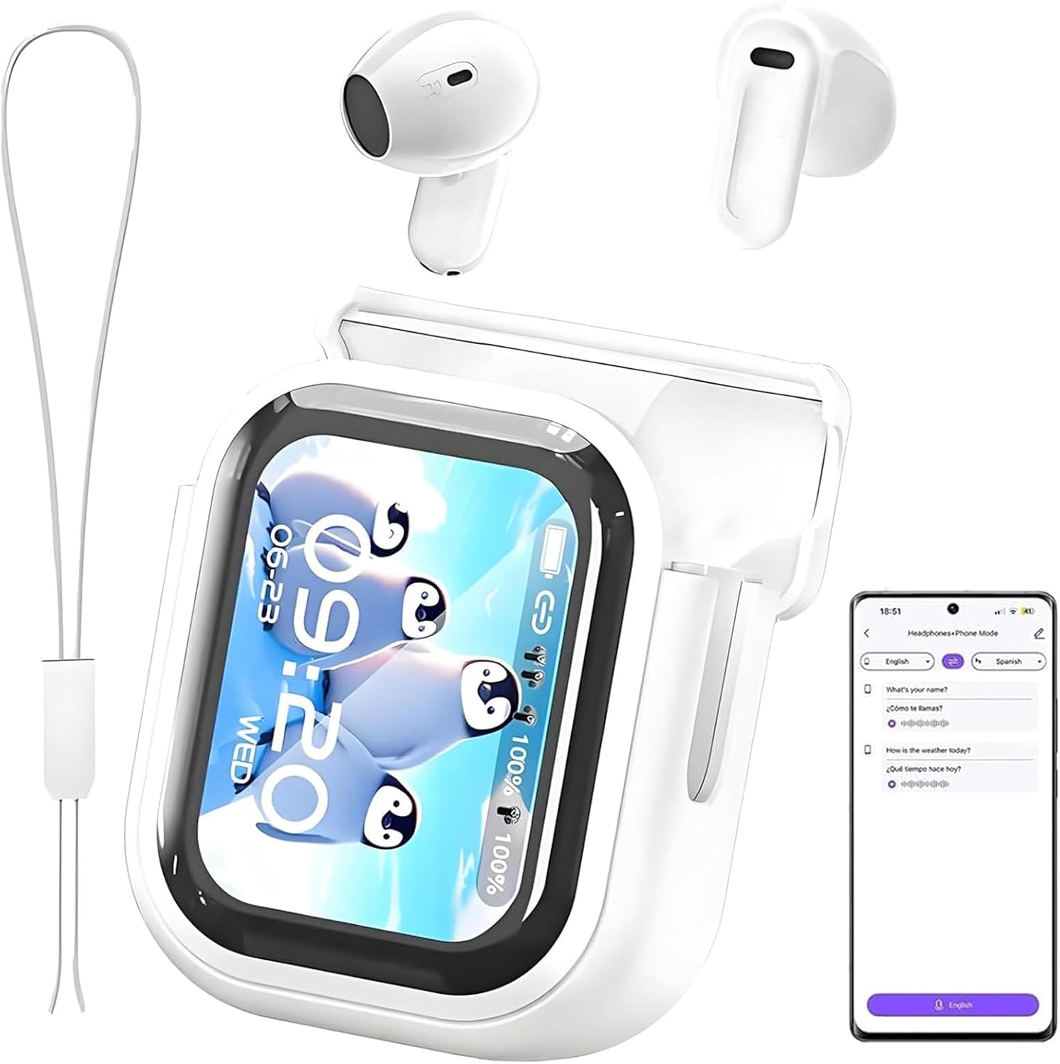 Translation Earbuds, 2026 New 6.0 Pro Translation Earbuds Real Time, LCD Touch Screen, 48DB Intelligent Noise Reduction, HD Stereo Sound, IPX6 Water-Resistant (White)