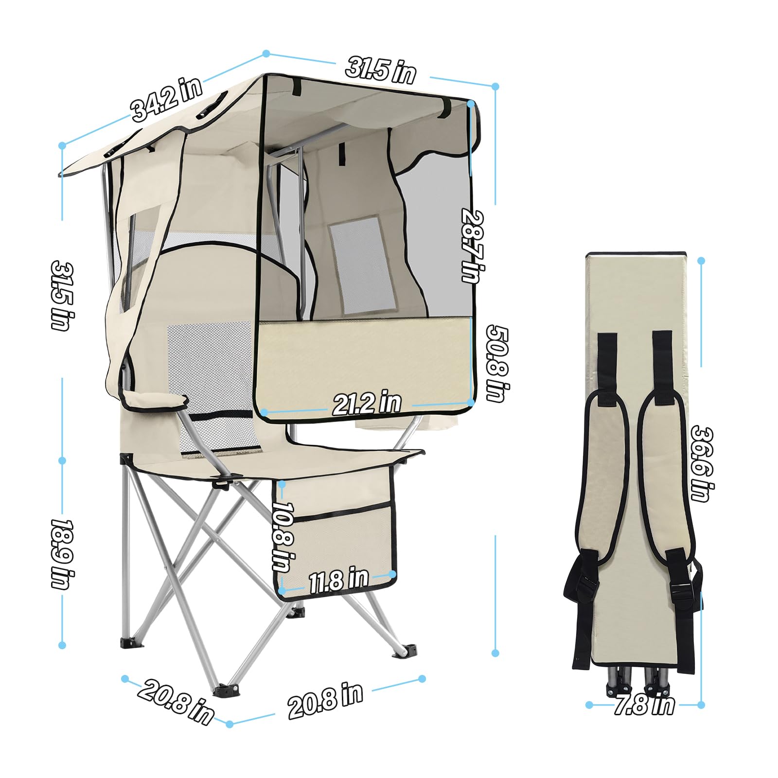 Camping Chair with Adjustable Shade Canopy, Portable Folding Chair for Adults, Heavy Duty Outdoor Sports, Beach, Camping, Fishing - Phone & Cup Holder, Cooler Bag, Supports 330LBS (White)