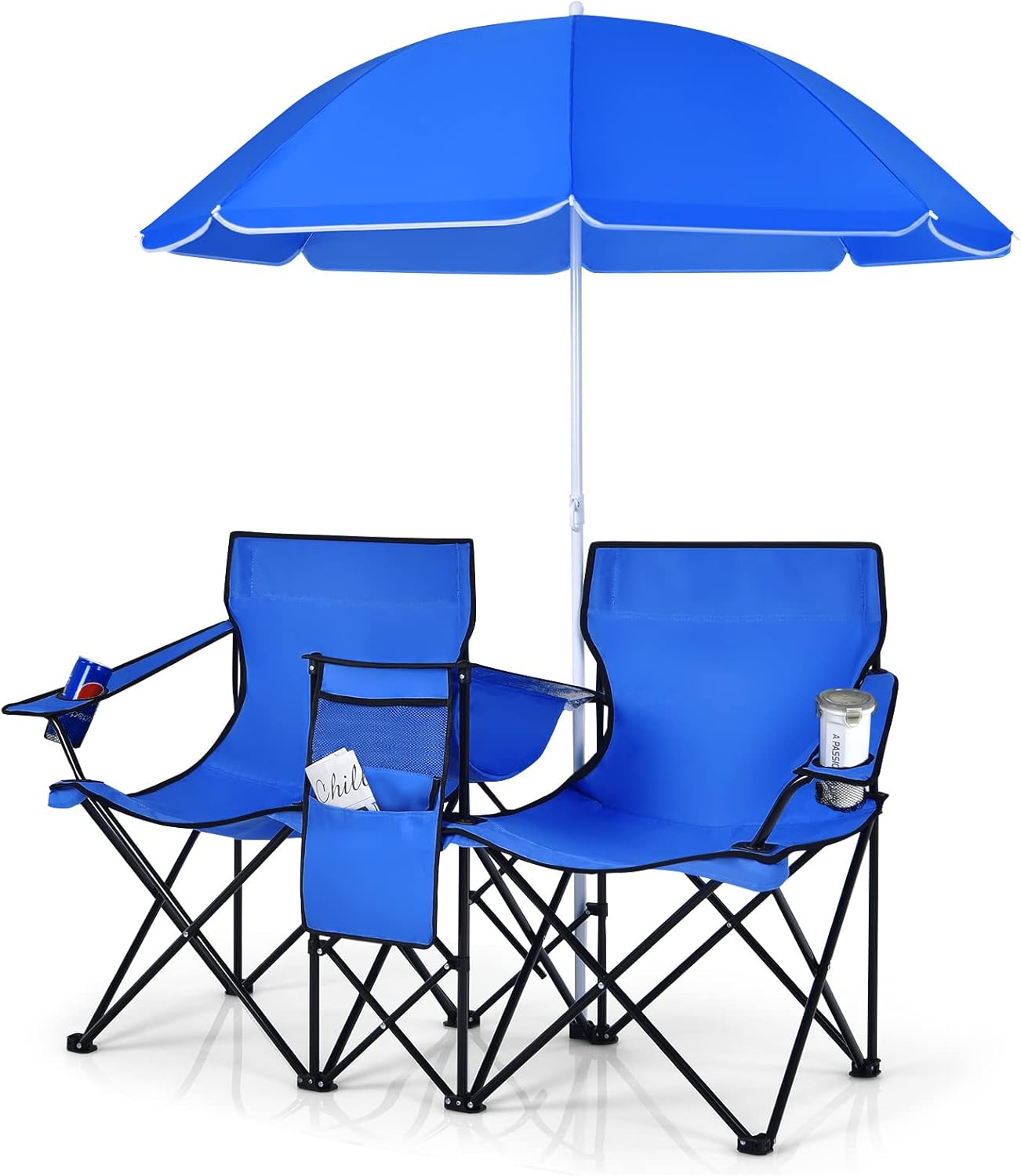 Double Portable Picnic Chairs, Folding Camping Chairs w/Detachable Umbrella, Cooler Bag, Cup Holders, Patio Beach Camping Chairs for Outdoors