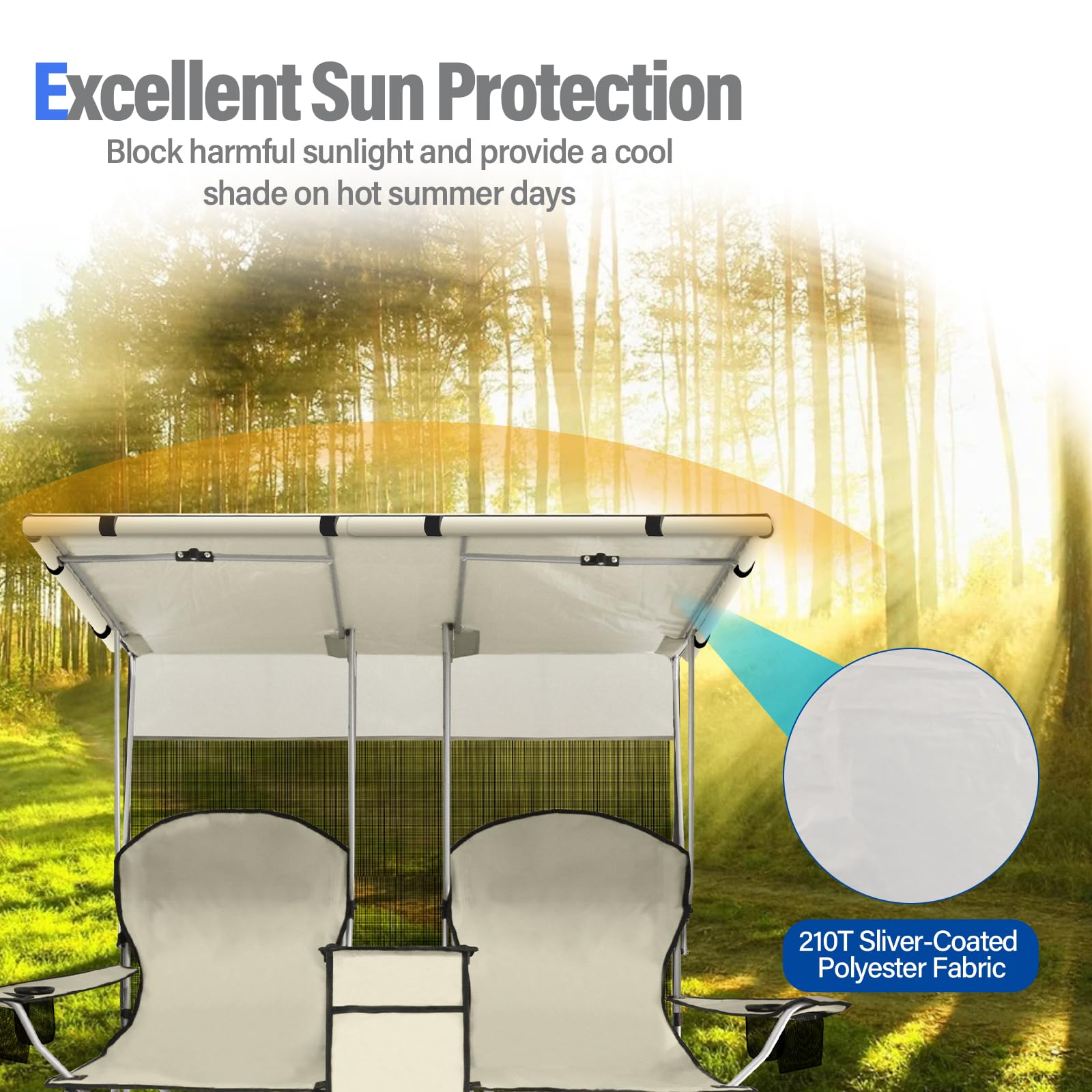 Portable Double Camping Chair with Canopy Shade,Heavy Duty Beach Chairs for Adults,Folding Beach Chair with Cooler Bag for Sports Backyard Fishing Outside（White）