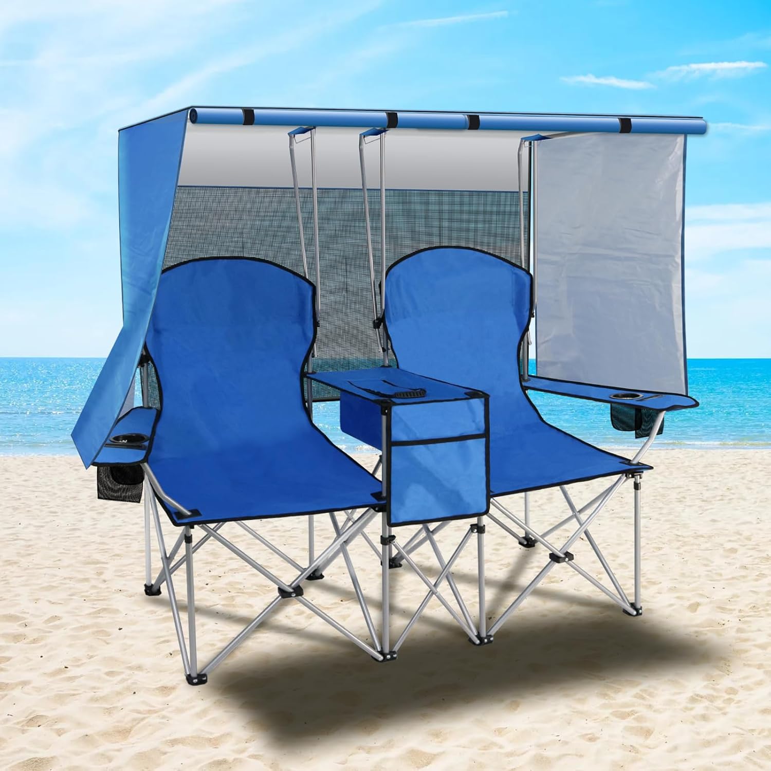 Portable Double Camping Chair with Canopy Shade,Heavy Duty Beach Chairs for Adults,Folding Beach Chair with Cooler Bag for Sports Backyard Fishing Outside（White）