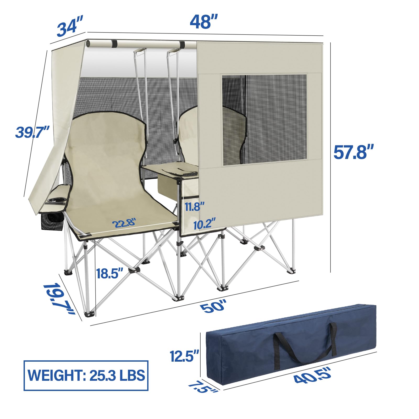 Portable Double Camping Chair with Canopy Shade,Heavy Duty Beach Chairs for Adults,Folding Beach Chair with Cooler Bag for Sports Backyard Fishing Outside（White）