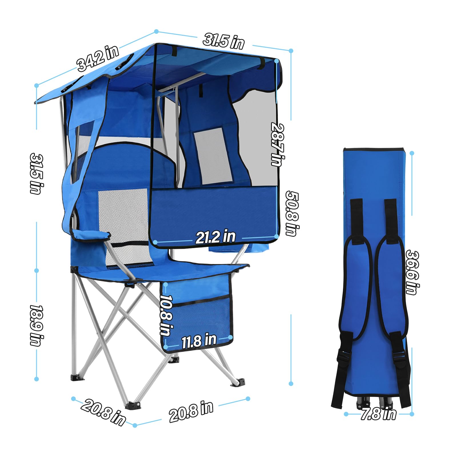 Camping Chair with Adjustable Shade Canopy, Portable Folding Chair for Adults, Heavy Duty Outdoor Sports, Beach, Camping, Fishing - Phone & Cup Holder, Cooler Bag, Supports 330LBS (White)
