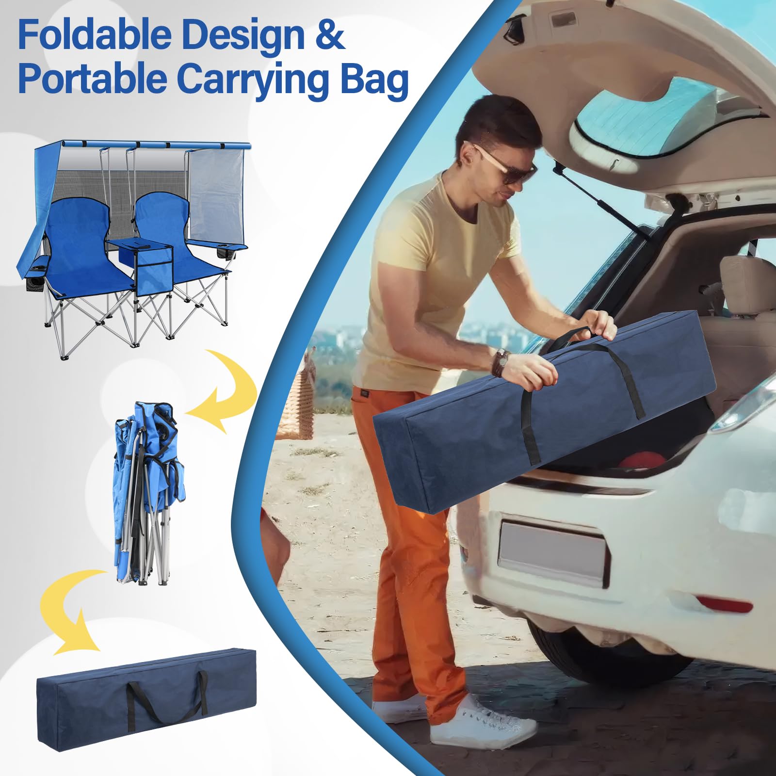 Portable Double Camping Chair with Canopy Shade,Heavy Duty Beach Chairs for Adults,Folding Beach Chair with Cooler Bag for Sports Backyard Fishing Outside（White）