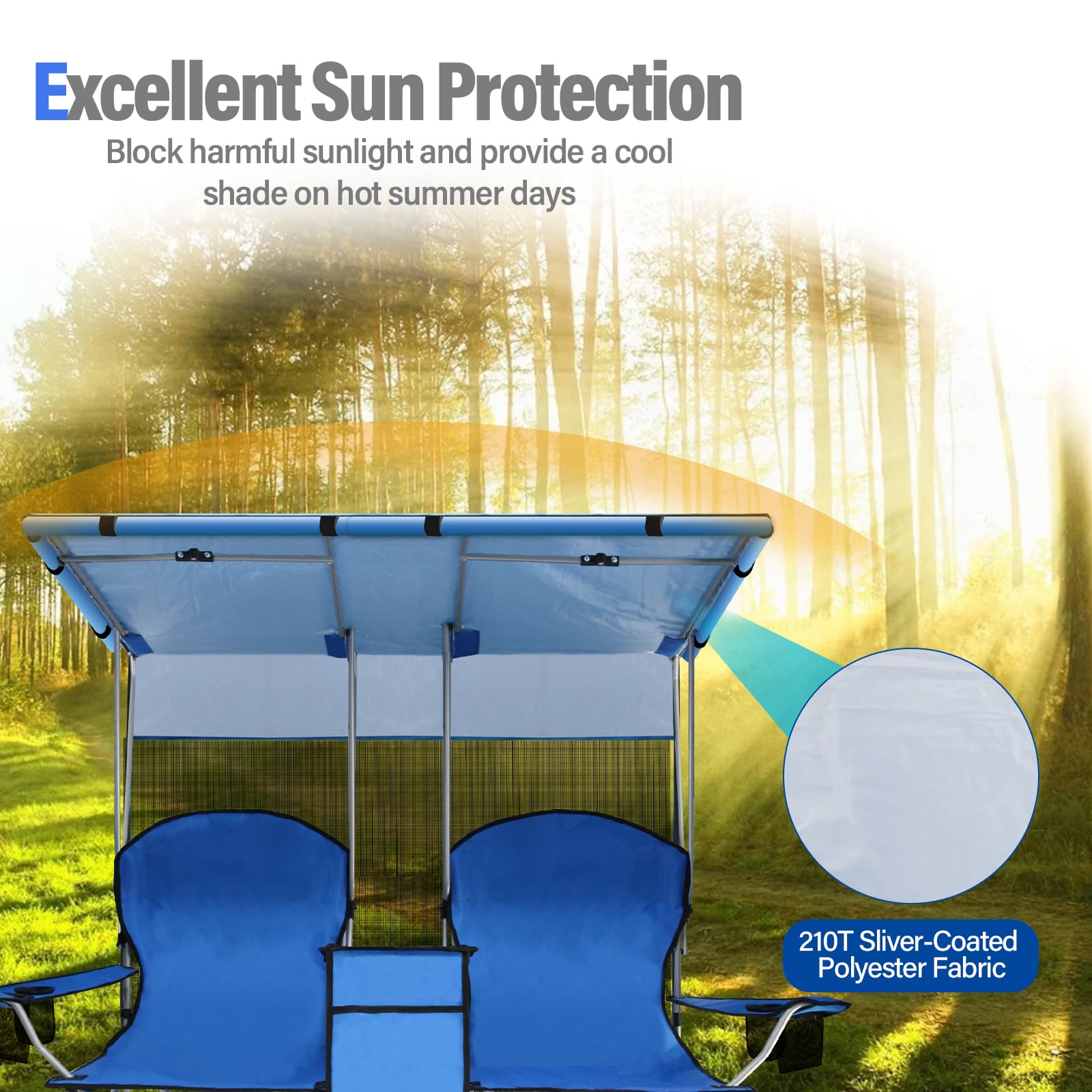Portable Double Camping Chair with Canopy Shade,Heavy Duty Beach Chairs for Adults,Folding Beach Chair with Cooler Bag for Sports Backyard Fishing Outside（White）